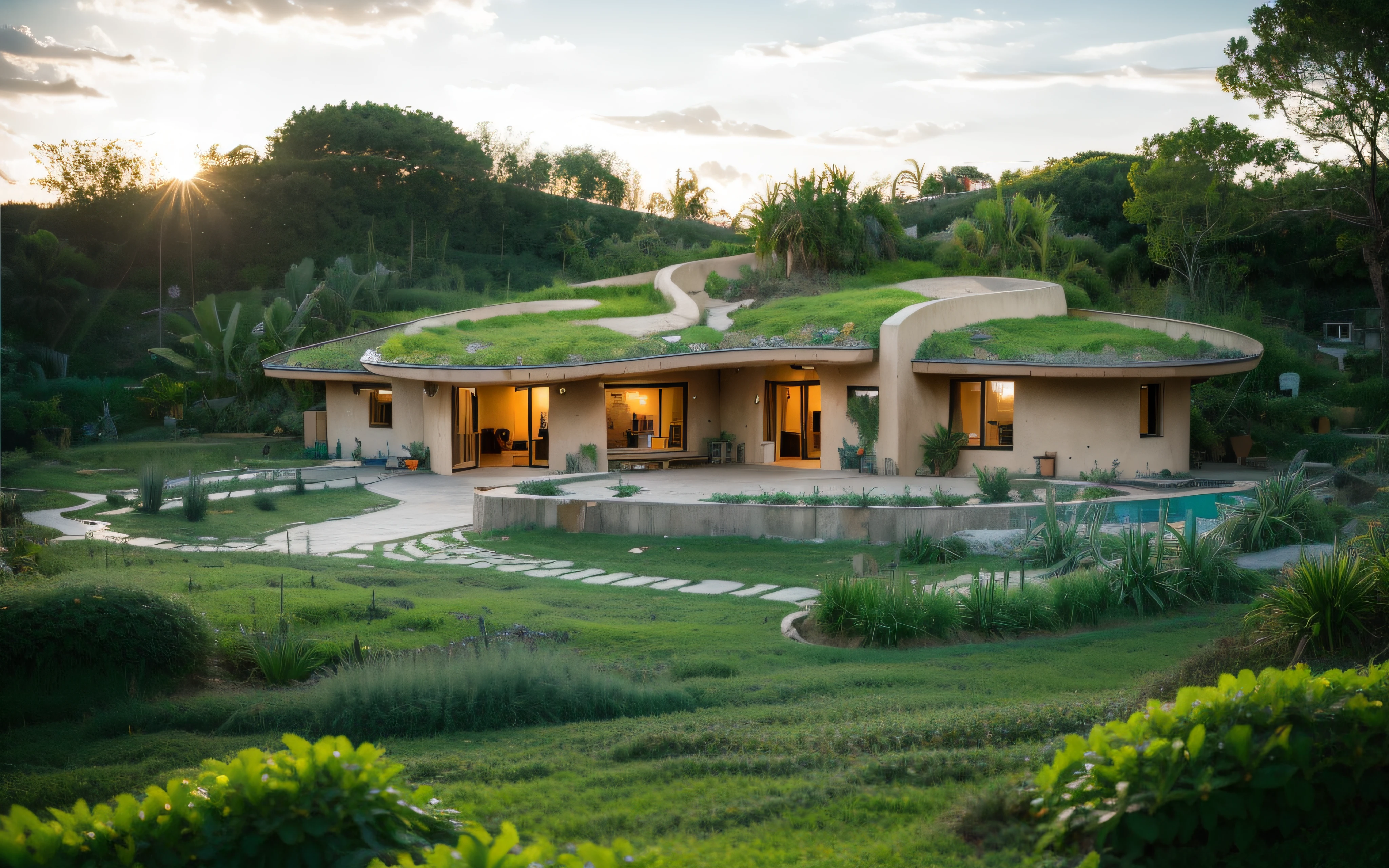 A photographyof a imposing contemporary modern sigle storey house with a organic curved angular rounded corners walls and (((greenroof:1.2))) in tropical backyard with a ((biological pool)), plaster (((rustic mud stucco terracotta))) and a (((wave shape greenroof with a wood edge))), (((wood and rake fascia roof))), eaves, porch, ((timber frame roof)), in the bali (((tropical garden))), ((rounded corners walls)), ((rustic mud plaster)), (((curved organic rounded corners walls))), (((rustic earth plaster, mud clay stucco))), natural houses, ((hadid bali hobbit style)), Organic Buildings, Organic Architecture, Ecovillage, Sustainable Architecture, Biobuilding, Solarpunk Architecture, (((Grass Roof, Green Roof, Green Wave Roof, Rounded Roof, vegetated roofs))), green architecture, Passive house, Rock Foundation, clean sky in background, Interdimensional Villa, a painful beauty, organic architecture, green house, Super Resolution, cinematic, color grading, editorial photography, photography, Photo Shoot, (((front eye top angle view dramatic))), Spring 50mm, Depth of Field, Intricate Details, Natural Colors, Sharp Focus, Warm Light, Shutter Speed 1/1000, F/22, White Balance, Ray Trace Reflections, Lumen Reflections, Screen Space Reflections, Diffraction Classification, Chromatic Aberration, GB Offset, Partial Illumination, Backlight, Natural Illumination, Sweep Lines, Ambient Occlusion, Anti-Aliasing, Shaders, OpenGL-Shaders, GLSL-Shaders, Post Processing, Post Production, The Shading, Tone Mapping, Insanely detailed and intricate, hypermaximalist, elegant, hyperrealistic, super detailed, dynamic pose, Fujifilm XT3