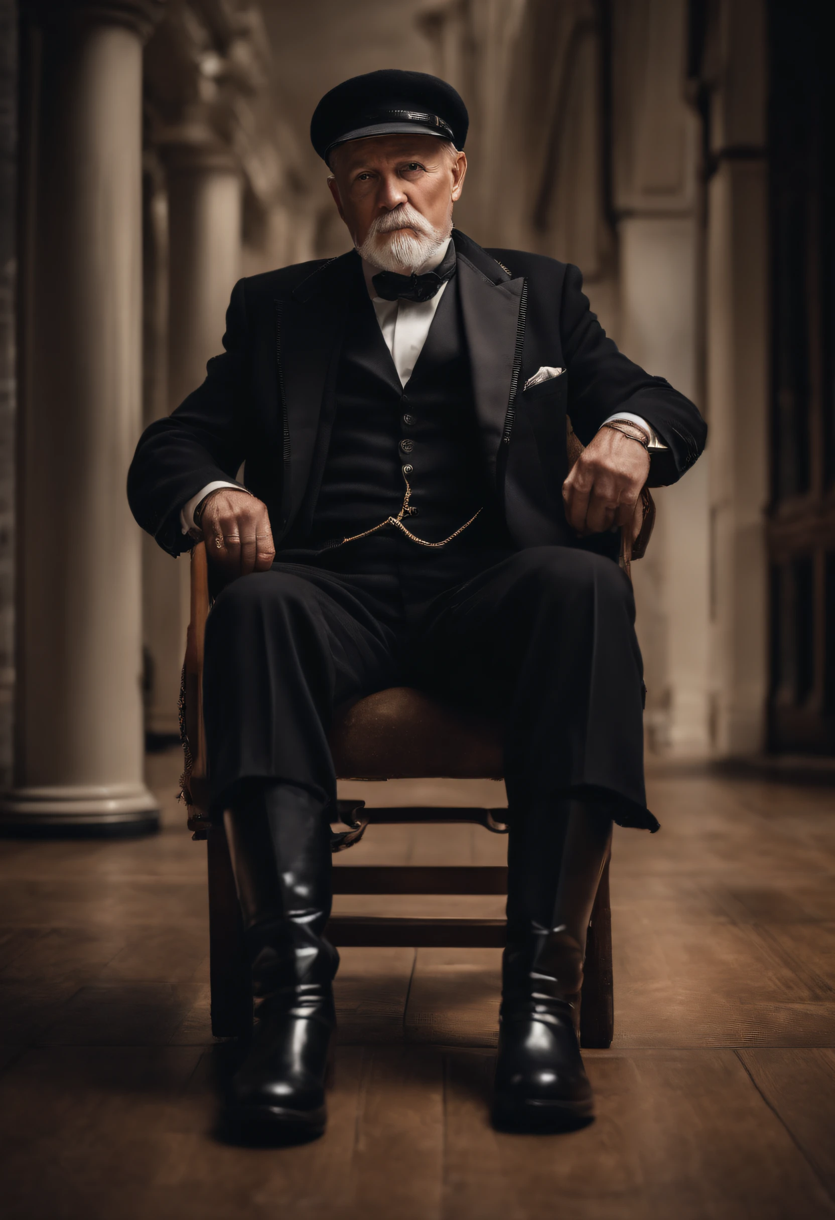 Old gentleman with a goatee,sit on chair,Eyes look at boots,Black high-gloss rain boots, 8K分辨率,Wallpaper masterpiece,Best quality,Highly meticulous,Ultra high quality,Increase brightness。