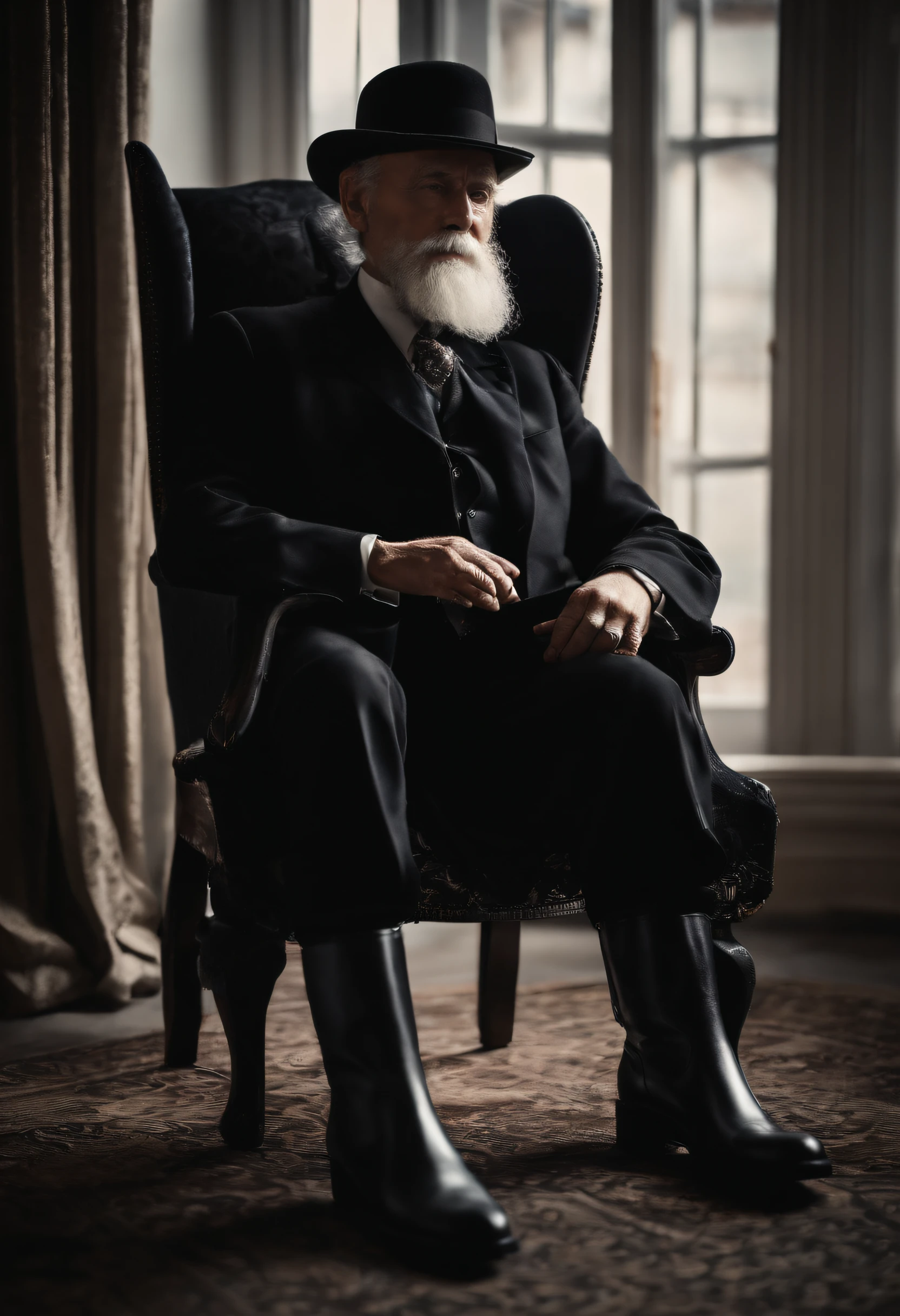 Old gentleman with a goatee，sit on chair，Eyes look at boots，Black high-gloss rain boots, 8K分辨率,Wallpaper masterpiece，Best quality，Highly meticulous，Ultra high quality，Increase brightness。