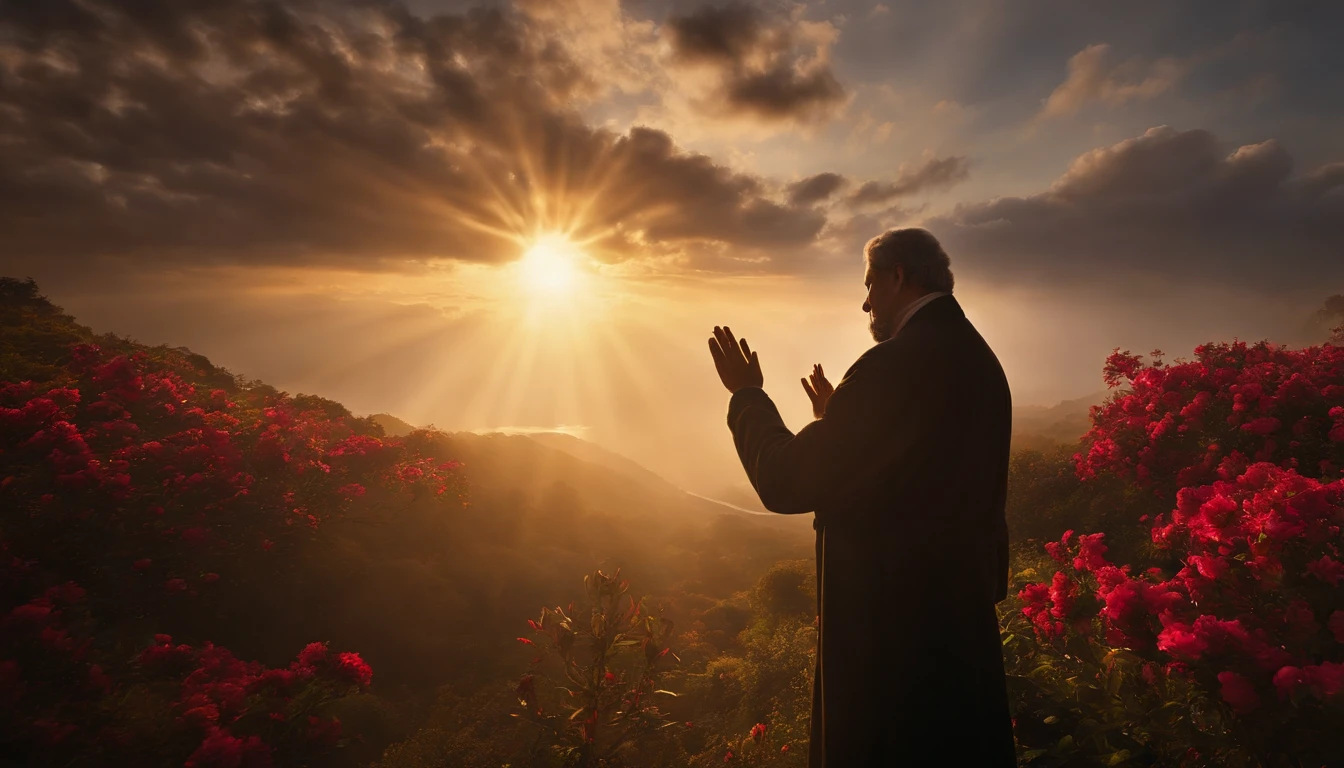 (melhor qualidade, Altas:1.2, ultra-detalhado, Realistic:1.37), Divine Light Shining in the Sky, ethereal and radiant, the hand of God emerging from the clouds, Silhouette of a man praying with his hands reaching to the heavens, de joelhos em um belo jardim repleto de flores vibrantes, sunlight filtering through the branches, iluminando a cena, criando uma atmosfera serena, A tranquil oasis bathed in a soft glow, petals dancing in the wind, infundido com cores vibrantes, a vision that invokes a sense of wonder and inspires deep contemplation.