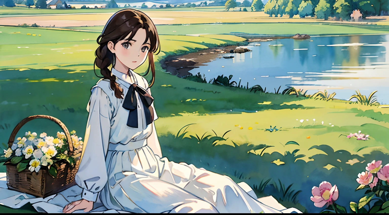 (Watercolor in Sargent style)、(top-quality、masterpiece)、Soft light、View of the Cotswolds,Old farmhouse、rivulets、flower bloom、One lady、dark brown hair、Braided hair、White blouse and long skirt、picnic、Stand up、blown by the wind、