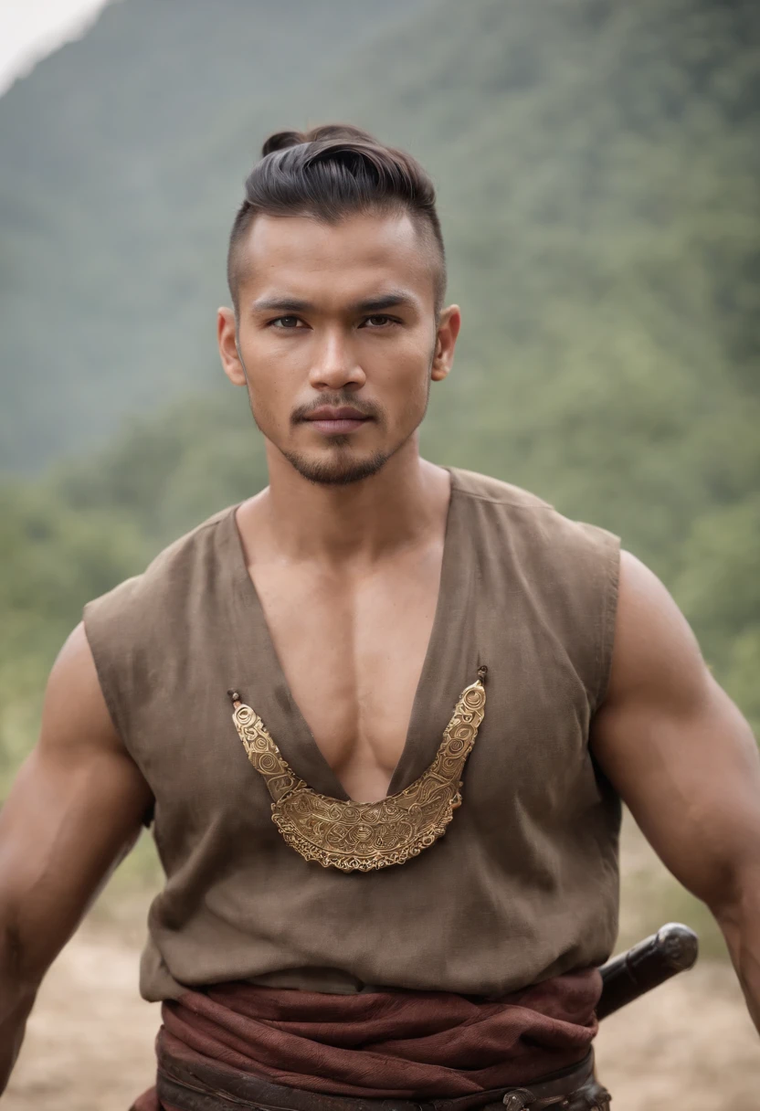 Portrait of a malay Viking warrior, hang jebat, very handsome and strong, strong and muscular, tanned and strong, dark short hair, wear tanjak, malay tradional outfit mix with viking, brave warrior, similar to actor sharnaaz ahmad, standing in front of a burning village, cliffs, close up, attack pose and attitude.