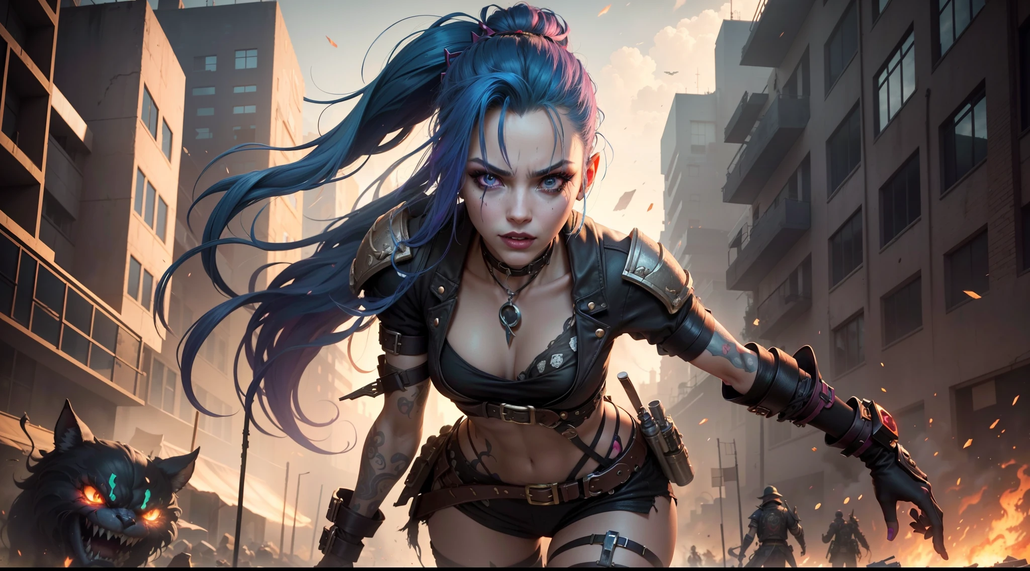 ((Best quality)), ((masterpiece)), (highly detailed:1.3), 3D, arcane style,In the dark and courageous dystopian city of Piltover, plagued by violence and divided into two opposing factions, a young prodigy named Jinx emerges. Having endured unimaginable loss and abandonment, she embraced a life of chaos and destruction. Known for her inventive and explosive abilities, Jinx becomes an icon of rebellion against the oppressive forces that control the city. However, haunted by guilt and battling inner demons, she must confront her past and decide whether to continue on the path of anarchy or seek redemption amid the turmoil. Explore Jinx's journey as she navigates a treacherous world, fighting for survival, unlocking secrets, and discovering the true meaning of her twisted existence, chaos reigns supreme, and at the center of it all is Jinx, the embodiment of unpredictability. Delve deep into Jinx's twisted mind, exploring the origins of his madness and the driving force behind his destructive nature. Unravel the moments that shaped her into the crazed, iconic character we know. Take us on a wild journey through the vibrant streets of Piltover and the shadowy suburb of Zaun as Jinx wreaks havoc with his explosive arsenal. Can redemption find its way into Jinx's fractured soul? Or will she dance forever on the edge of sanity, embracing the chaos that fuels her very existence? Arcane's fate hangs in the balance as Jinx's path intertwines with unlikely allies and formidable enemies. Ignite your imagination and paint a vivid portrait of Jinx's distorted psyche, capturing the essence of her madness and the indomitable spirit that defines it, HDR (High Dynamic Range), Ray Tracing, NVIDIA RTX, Super-Resolution, Unreal 5, Subsurface Scattering, PBR Texturing, Post-processing, Anisotropic Filtering, Depth of Field, Maximum Clarity and Sharpness, Multit Textures