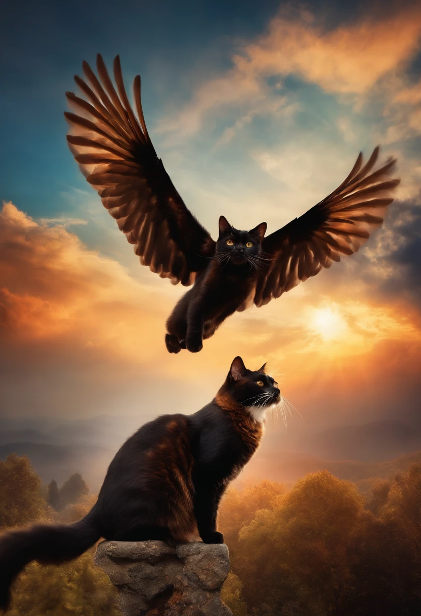 3 cat with wings flying high in sky,