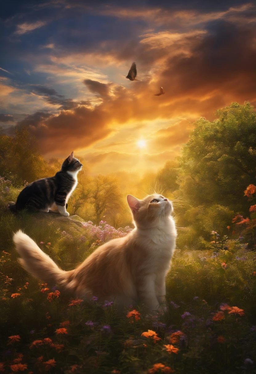 3 cat with wings flying high in sky,