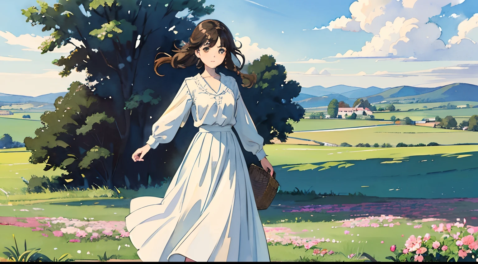 (Watercolor in Sargent style)、(top-quality、masterpiece)、Soft light、View of the Cotswolds,Old farmhouse、rivulets、flower bloom、One lady、dark brown hair、Braided hair、White blouse and long skirt、picnic、is standing、blown by the wind、