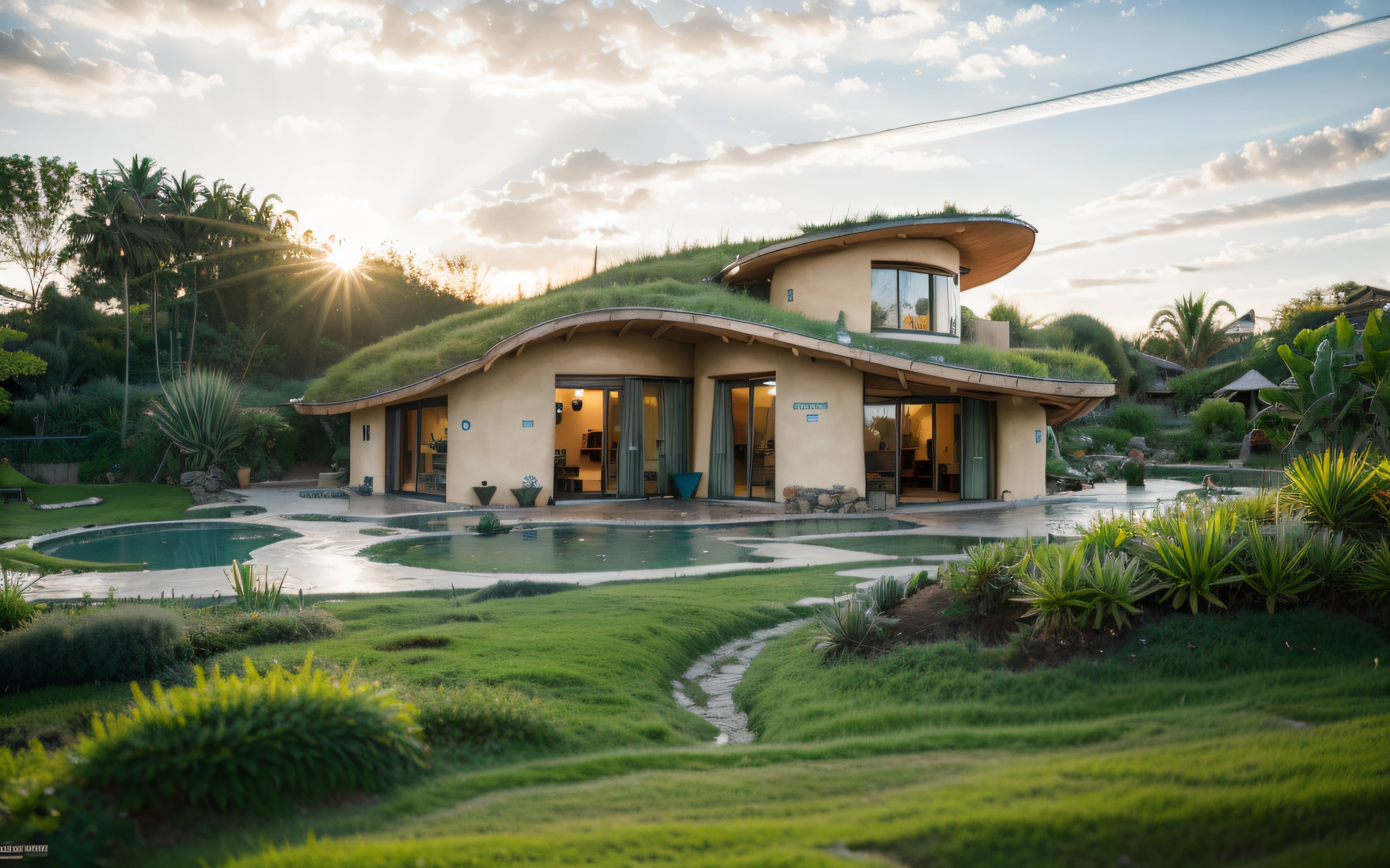 A photographyof a imposing contemporary modern sigle storey house with a organic curved angular rounded corners walls and greenroof in tropical backyard with a (((biological pool with stones and vegetation in edges))), plaster (((rustic mud stucco terracotta))) and a (((wave shape greenroof with a wood edge))), (((wood and rake fascia roof))), eaves, porch, ((timber frame roof)), in the bali (((tropical garden))), ((rounded corners walls)), ((rustic mud plaster)), (((curved organic rounded corners walls))), (((rustic earth plaster, mud clay stucco))), natural houses, ((hadid bali hobbit style)), Organic Buildings, Organic Architecture, Ecovillage, Sustainable Architecture, Biobuilding, Solarpunk Architecture, (((Grass Roof, Green Roof, Green Wave Roof, Rounded Roof, vegetated roofs))), green architecture, Passive house, Rock Foundation, clean sky in background, Interdimensional Villa, a painful beauty, organic architecture, green house, Super Resolution, cinematic, color grading, editorial photography, photography, Photo Shoot, (((front eye top angle view dramatic))), Spring 50mm, Depth of Field, Intricate Details, Natural Colors, Sharp Focus, Warm Light, Shutter Speed 1/1000, F/22, White Balance, Ray Trace Reflections, Lumen Reflections, Screen Space Reflections, Diffraction Classification, Chromatic Aberration, GB Offset, Partial Illumination, Backlight, Natural Illumination, Sweep Lines, Ambient Occlusion, Anti-Aliasing, Shaders, OpenGL-Shaders, GLSL-Shaders, Post Processing, Post Production, The Shading, Tone Mapping, Insanely detailed and intricate, hypermaximalist, elegant, hyperrealistic, super detailed, dynamic pose, Fujifilm XT3