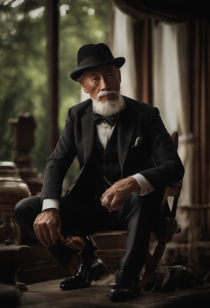 Old gentleman with a goatee，sit on chair，Black high-gloss rain boots, 8K分辨率,Wallpaper masterpiece，Best quality，Highly meticulous，Ultra high quality，The midday sun is a bit dazzling。