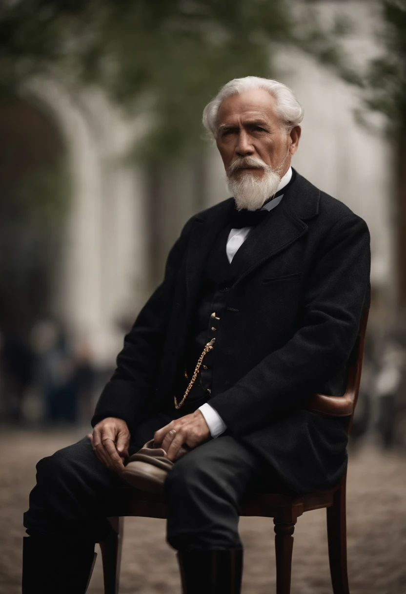 Old gentleman with a goatee，sit on chair，Eyes look at boots，Black high-gloss rain boots, 8K分辨率,Wallpaper masterpiece，Best quality，Highly meticulous，Ultra high quality，The midday sun is a bit harsh。