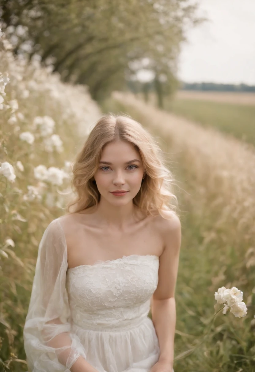 1fille en robe blanche, bare shoulders, seins moyen, cheveux blond mi court, Champ de fleurs en fleurs, light smile, WollenSak 127mm F/4.7 ektar