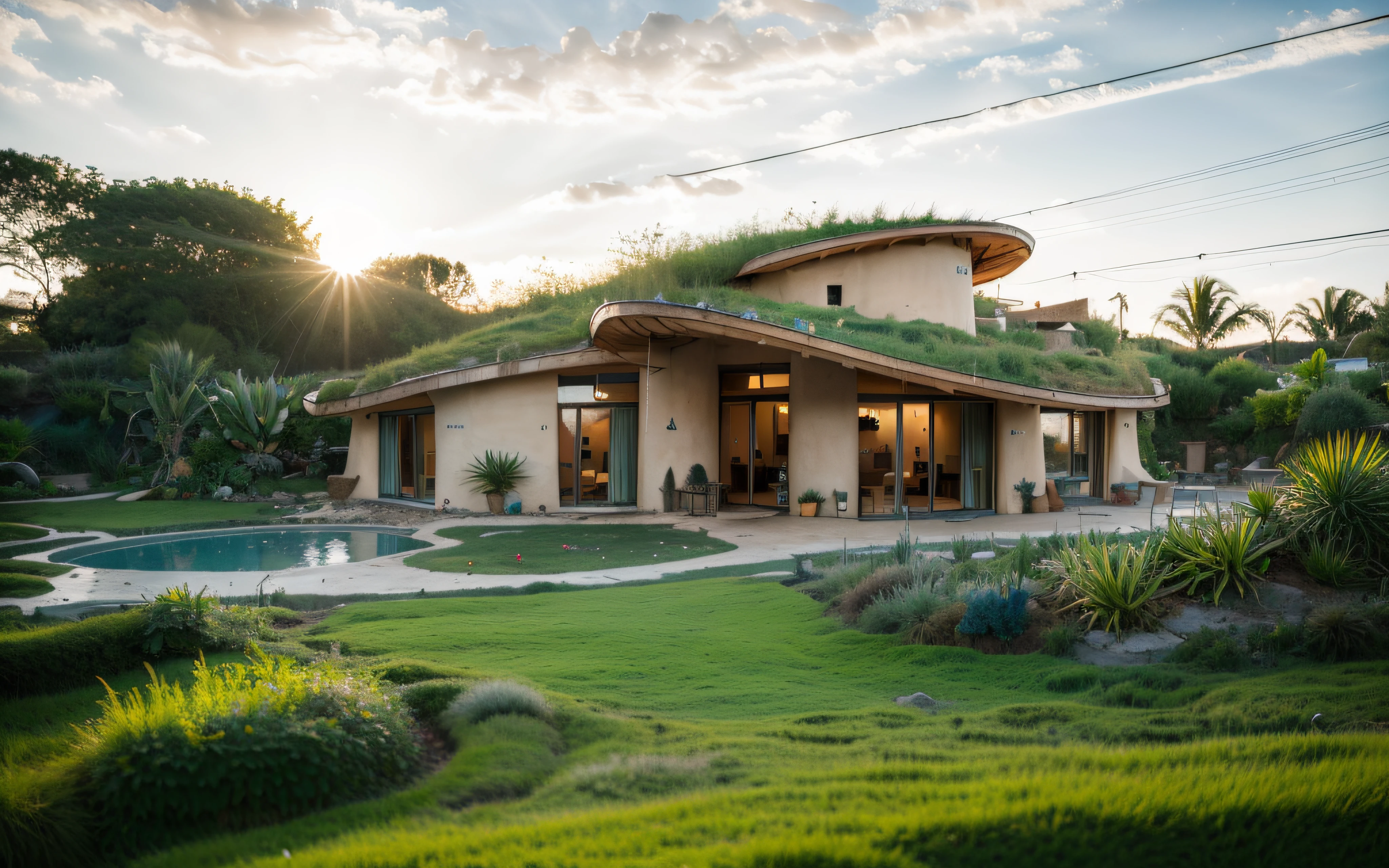 A photographyof a imposing contemporary modern sigle storey house with a organic curved angular rounded corners walls and greenroof in tropical backyard with a (((biological pool with stones and vegetation in edges))), plaster (((rustic mud stucco terracotta))) and a (((wave shape greenroof with a wood edge))), (((wood and rake fascia roof))), eaves, porch, ((timber frame roof)), in the bali (((tropical garden))), ((rounded corners walls)), ((rustic mud plaster)), (((curved organic rounded corners walls))), (((rustic earth plaster, mud clay stucco))), natural houses, ((hadid bali hobbit style)), Organic Buildings, Organic Architecture, Ecovillage, Sustainable Architecture, Biobuilding, Solarpunk Architecture, (((Grass Roof, Green Roof, Green Wave Roof, Rounded Roof, vegetated roofs))), green architecture, Passive house, Rock Foundation, clean sky in background, Interdimensional Villa, a painful beauty, organic architecture, green house, Super Resolution, cinematic, color grading, editorial photography, photography, Photo Shoot, (((front eye top angle view dramatic))), Spring 50mm, Depth of Field, Intricate Details, Natural Colors, Sharp Focus, Warm Light, Shutter Speed 1/1000, F/22, White Balance, Ray Trace Reflections, Lumen Reflections, Screen Space Reflections, Diffraction Classification, Chromatic Aberration, GB Offset, Partial Illumination, Backlight, Natural Illumination, Sweep Lines, Ambient Occlusion, Anti-Aliasing, Shaders, OpenGL-Shaders, GLSL-Shaders, Post Processing, Post Production, The Shading, Tone Mapping, Insanely detailed and intricate, hypermaximalist, elegant, hyperrealistic, super detailed, dynamic pose, Fujifilm XT3