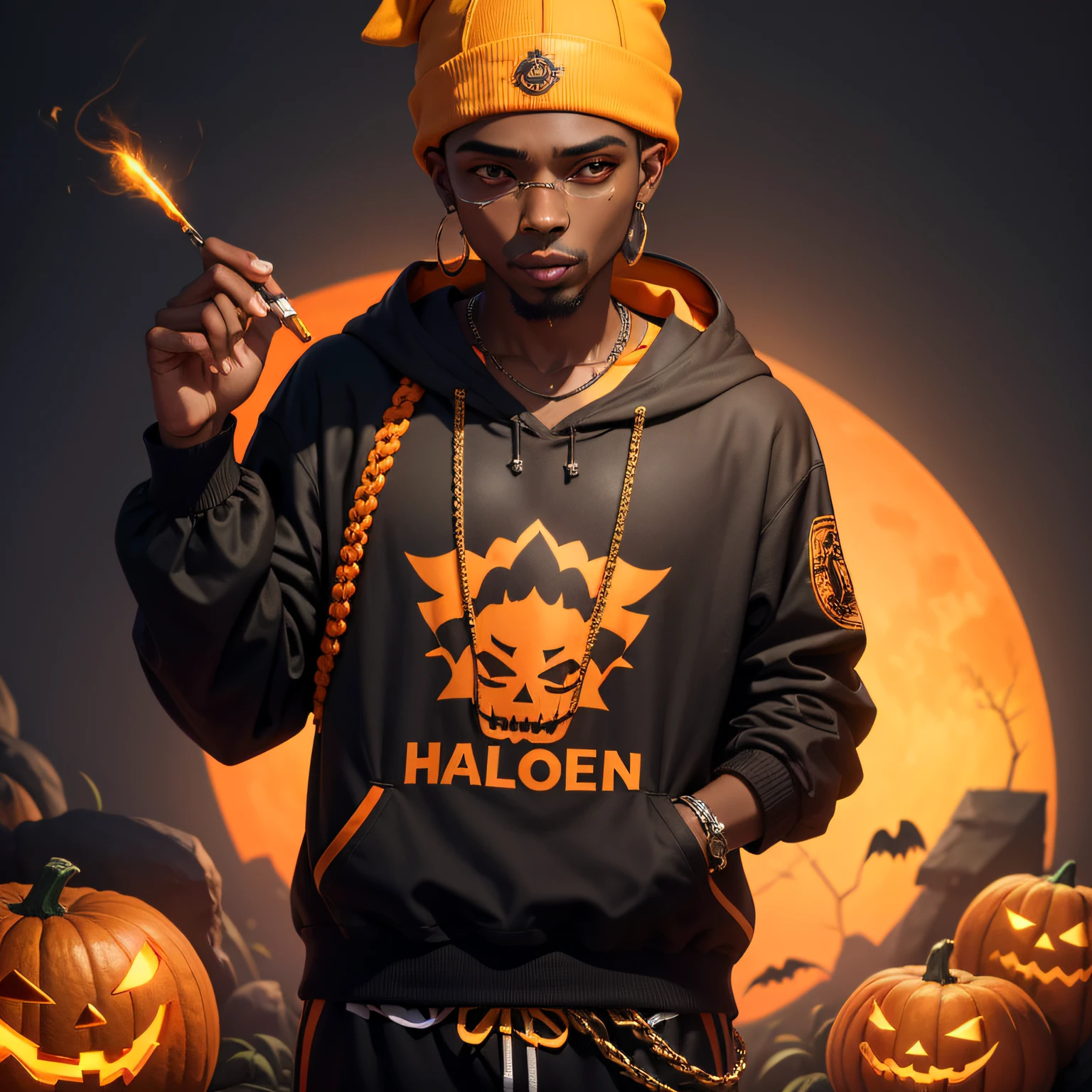 8k, master part, Altos detalhes, absurdos, um rapper fumando maconha com uma corrente brilhante , usando roupa preta dourada , Eletrificado, lua laranja , album musical , fundo halloween