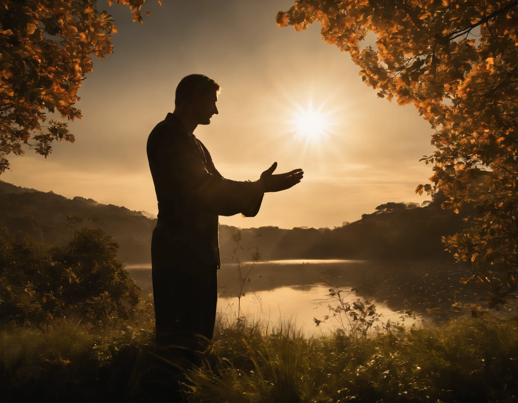 (melhor qualidade, Altas:1.2, ultra-detalhado, Realistic:1.37), Divine Light Shining in the Sky, ethereal and radiant, the hand of God emerging from the clouds, Silhouette of a man praying with his hands reaching to the heavens, de joelhos em um belo jardim repleto de flores vibrantes, sunlight filtering through the branches, iluminando a cena, criando uma atmosfera serena, A tranquil oasis bathed in a soft glow, petals dancing in the wind, infundido com cores vibrantes, a vision that invokes a sense of wonder and inspires deep contemplation.