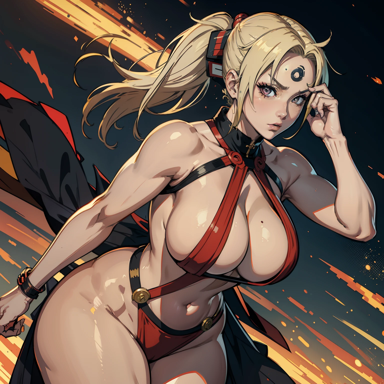 Tsunade in naruto, (solo),(Flirting gestures),(Enticing expressions),(complete naked),A MILF, trending on artstationh, intricate face details,Curvy physique, ((Thick body)),vibrant, 4K, 12k resolution,Forehead