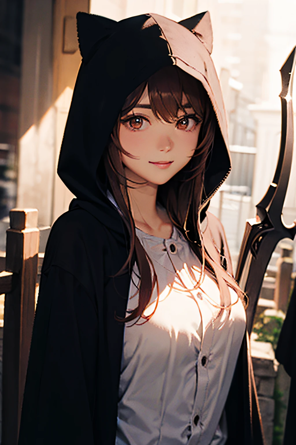Cute hooded Grim Reaper shrouded in dark mist,Wielding a scythe,Emerge from the swirling shadows.Stand in the Cemetery of Forgotten Souls.(light brown and red striped hair,,,,,,,,:1.3,),Perfect face,Proper body proportion,masutepiece,Super high-quality output images,超A high resolution,Intricate details,Extremely delicate and beautiful,photographrealistic,Dreamy,Professional Lighting,realistic shadow,Solo Focus,Beautiful hands,Beautiful fingers,Beautiful breast slip、Detailed red mouth、Detailed red cheeks、Smile of shame、
