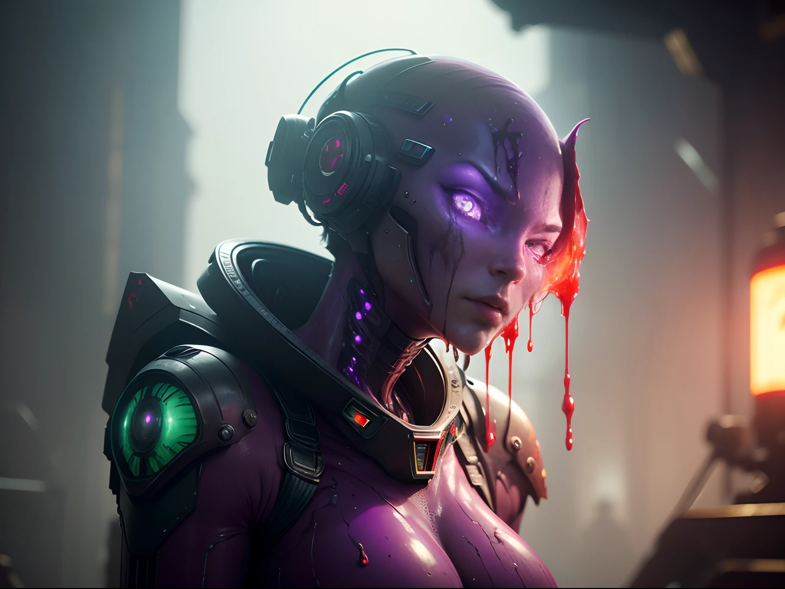 antropomorphic cyborg, photography by national geographic, human hybrid, green, purple, red, spaceship interior, ((alien technology)), rotten skin, hard light, cinematic ambience, dripping liquid, wind, red liquid blood, slimey liquid, intrincate details, HDR, 8k resolution, cinematic, DSLR, ultra quality, gritty sci-fi movie