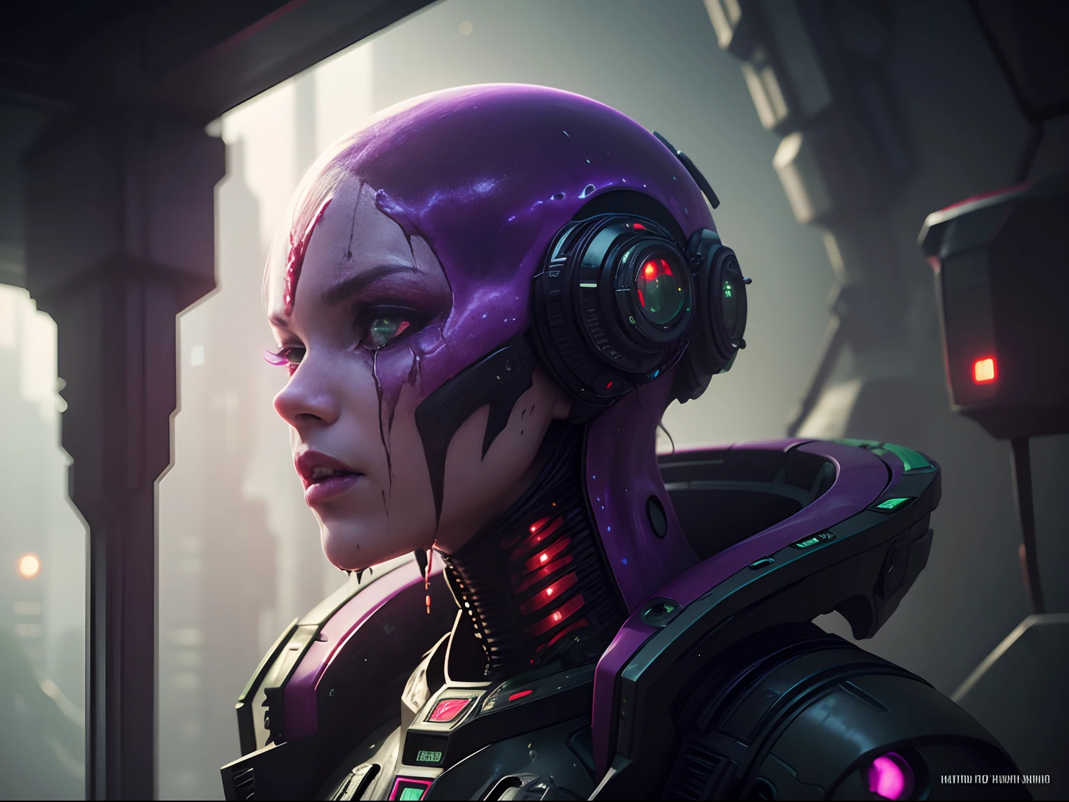 anthropomorphic cyborg, fotografia por National Geographic, Human hybrid, verde, roxo, Vermelho, interior da nave espacial, ((alien tech)), pele podre, luz forte, cinematic ambience, dripping liquid, vento, Vermelho liquid blood, viscous liquid, detalhes intrincados, HDR, 8k resolution, cinematic, DSLR, ultra qualidade, gritty science fiction film