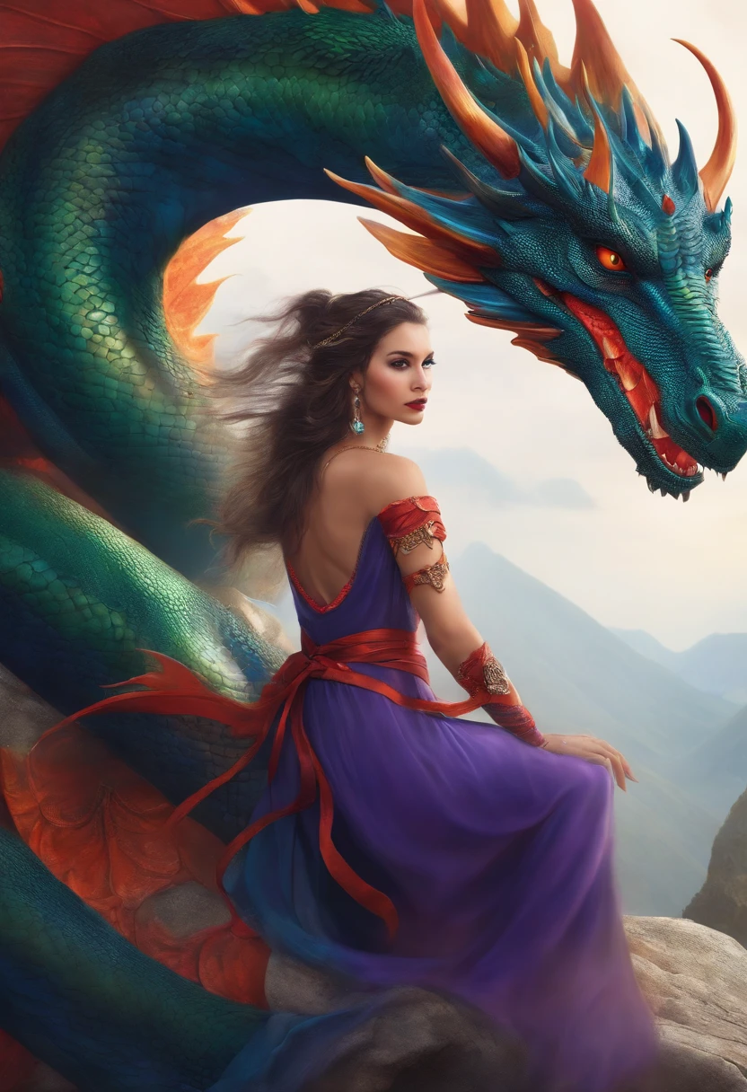 A beautiful woman rides on the back of a dragon