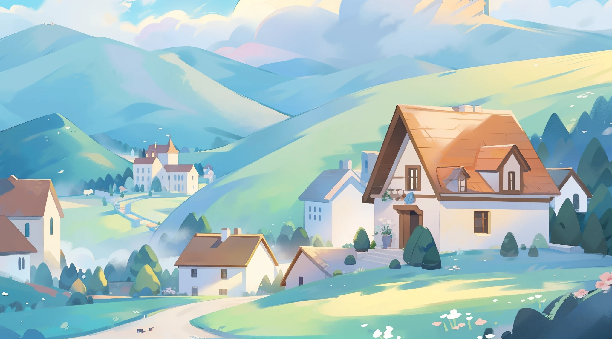 ((picture book illustration)), fantasy landscape, watercolor illustration, whimsical, warm colors, fairytale castle and village, ((princess castle)), fairytale medieval style houses, ((masterpiece)), highly detailed environment