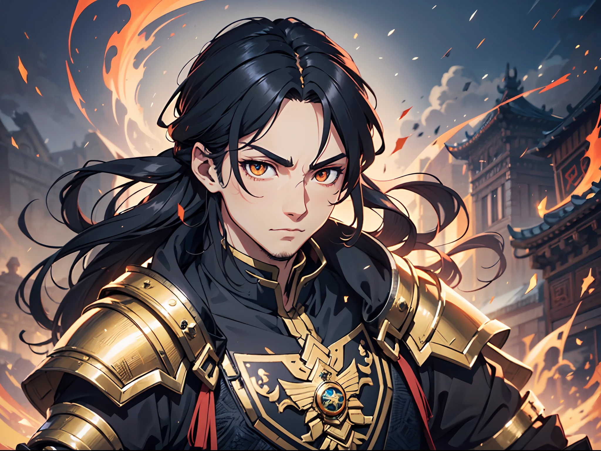 Ultra High Definition, Ultra High Quality, Extremely Detailed, Perfectly Detailed, Masterpiece, 8k, 1 Boy, Look A Like Xin From Kingdom Anime, Handsome, Armored With Chinese Emperor Armor, Black And Orange Pupil Eyes, Black Long Hair Tied, Full Body Shot, Ancient Kingdom Background