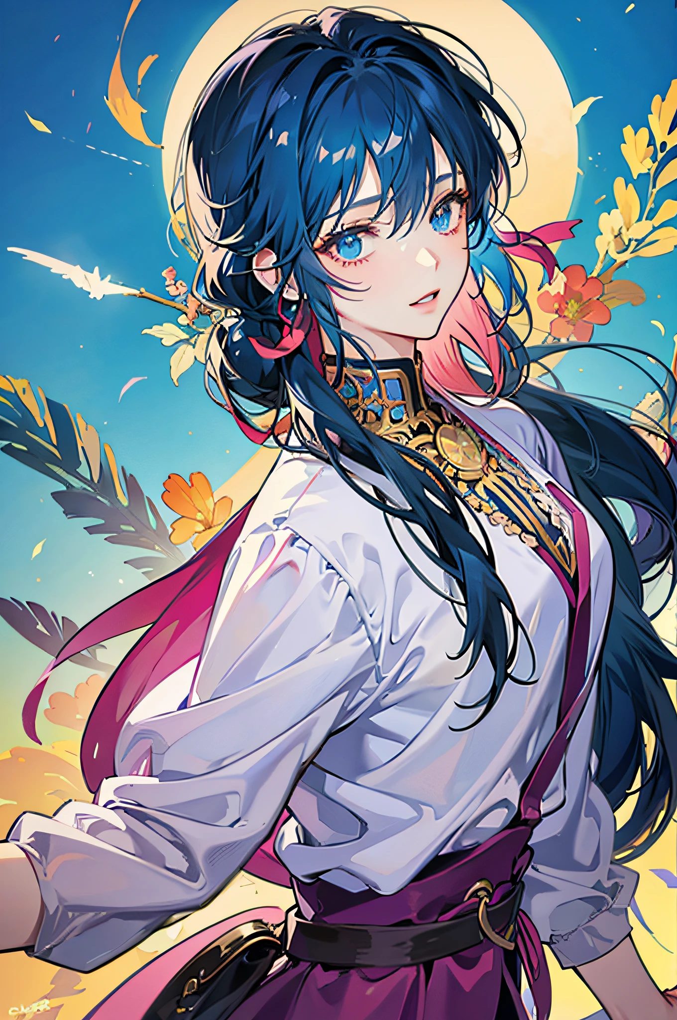 Generate an aesthetically pleasing anime character set against a captivating background, paying attention to intricate details and vibrant colors