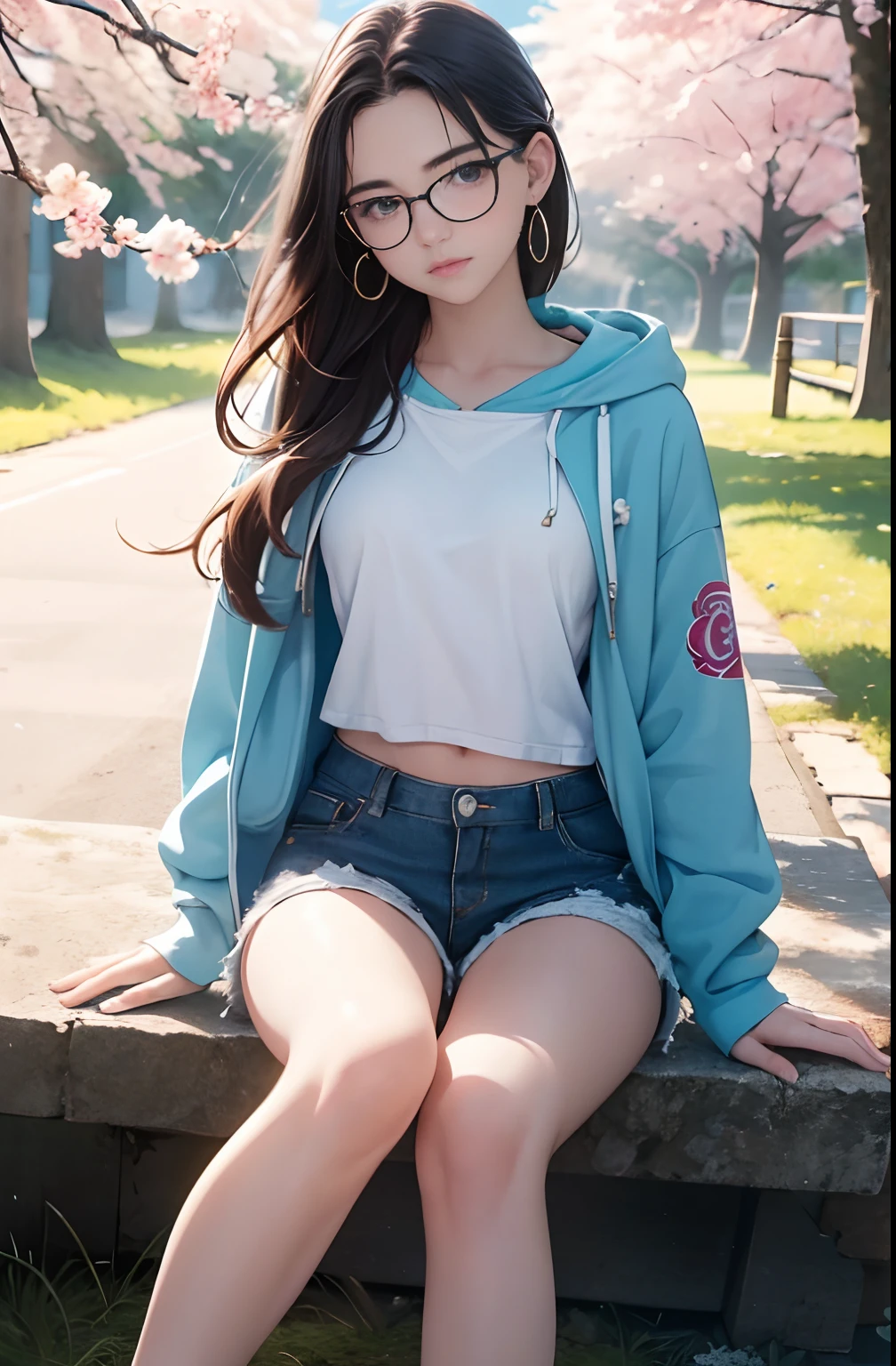 Beautiful young Margaret Qualley, 14 years old, white skin tone, eyeglasses, cute small earrings, hooded sweatshirt, short jean shorts, cloth sneakers, midday sun, hyperrealistic, Model Body, small breasts , beautiful breasts, long hair, Wavy hair, Red ends of hair, long legs, 8k, 超High resolution, best quality, On Frozen Mountain, RAW portrait, photorealistic, cherry blossom, ambient lighting, detailed shadows , camera focus on the thighs, cute pose, strong wind, light haze