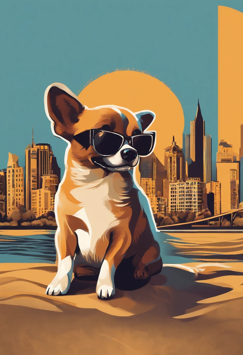 retro vector t-shirt logo design with a corgi , with sunglasses reflecting the Calgary skyline, black background, sun in the background of the image,