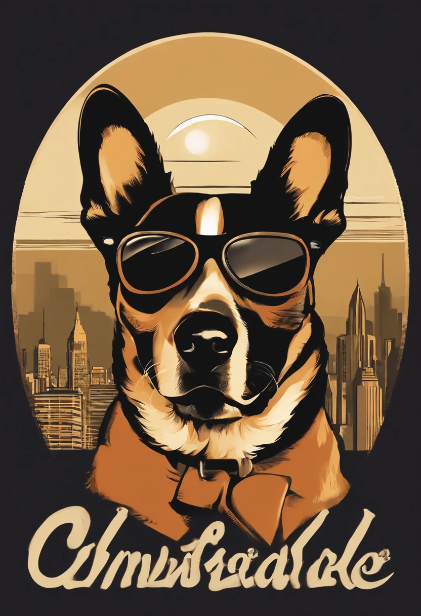 retro vector t-shirt logo design with a corgi , with sunglasses reflecting the Calgary skyline, black background, sun in the background of the image,