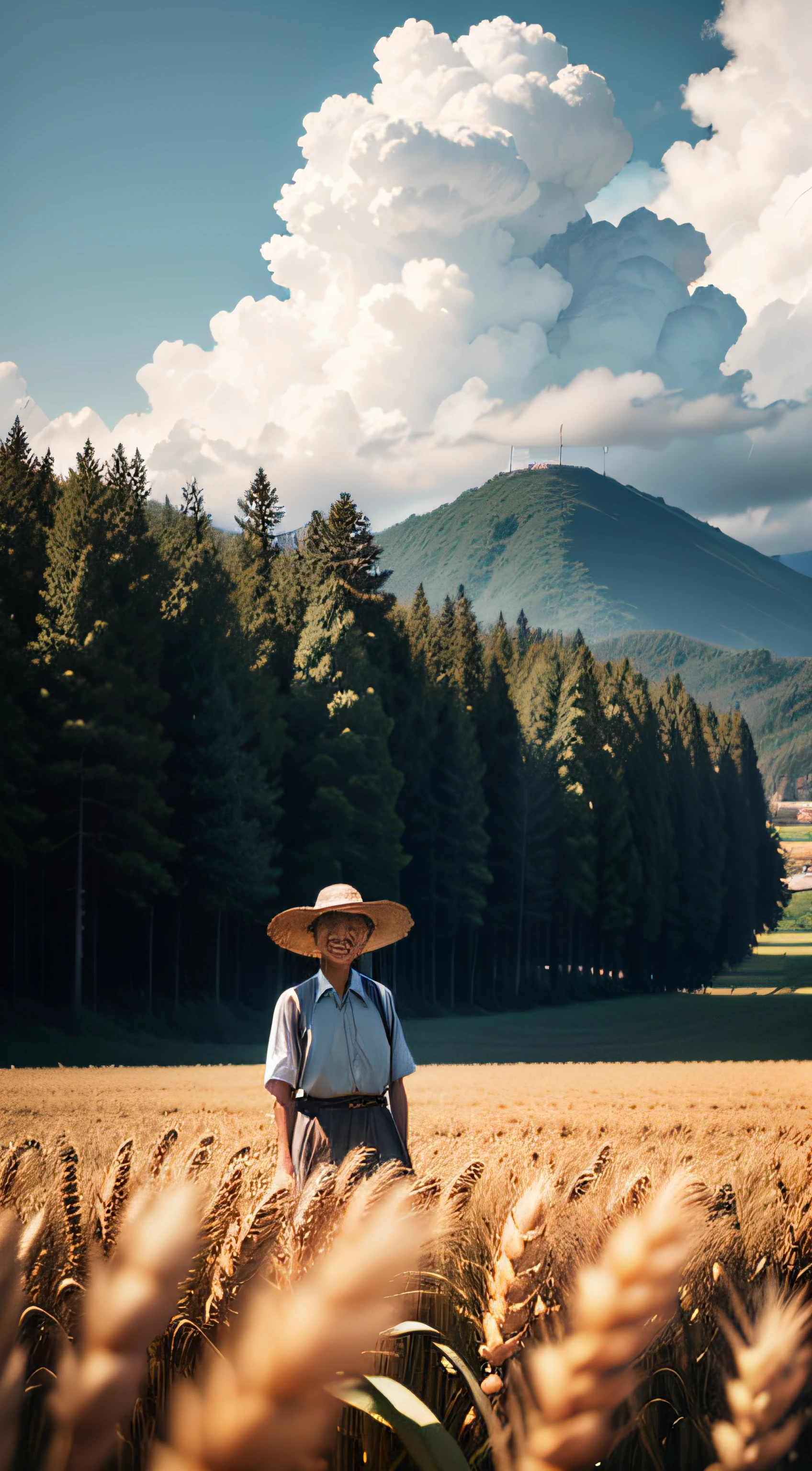 Asian people，A farmer uncle with a straw hat stands smiling in a wheat field，large clouds、blue-sky、Rice fields，There are neat rice seedlings in the field，ln the forest，hillside，Quiet，rustic，high definition detail、hyper-detailing、cinematic ligh、ultra-realistic realism、Soft light、Deep field focus bokeh、Ray tracing and surrealism。 --v6