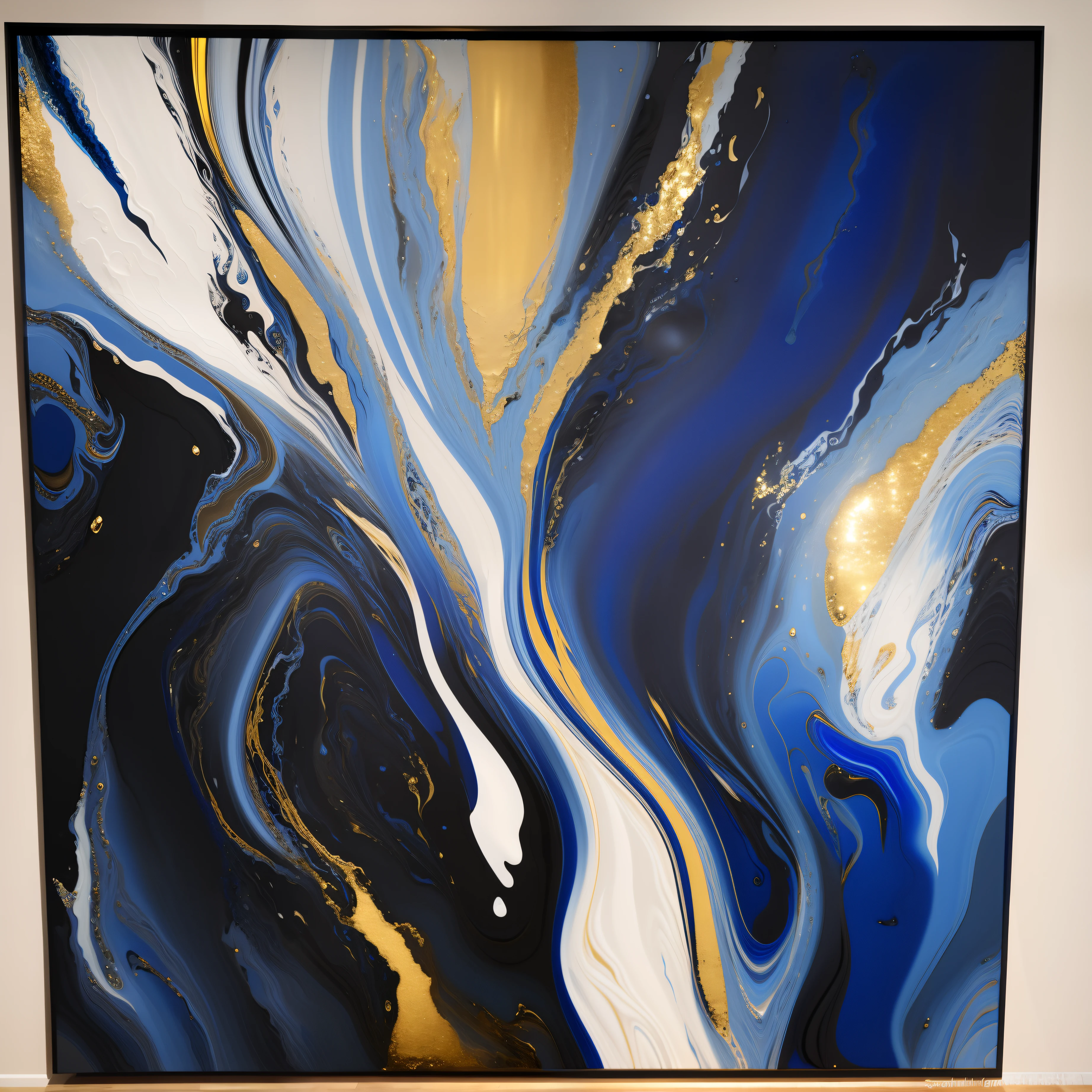 painting of a blue and gold abstract painting with a white and black background, abstract acrylic painting, abstract liquid acrylic art, swirling flows of energy, organic acrylic flow art, oil on canvas high angle view, abstract realism, flowing forms, fluid acrylic pour art, 144x144 canvas, metaphysical painting, acrylic pour painting, paint pour