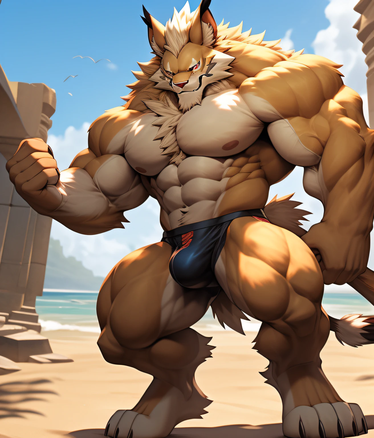 nj5furry, (Leomon, massive, huge), Leomon, ((extremely realistic shadows, masterpiece, extremely detailed, photorealistic)), kemono, the fur on his torso and thighs is the same color as the fur on his back, (((LIGHT BROWN FUR))) Leomon, ((detailed face)) red nose, red eyes, ((detailed eyes)), tan skin, tan fur, tan hair, bulge in the crotch, detailed bulge, height 3 meters high, the optimal height, tight clothing, body full of muscles; muscle and bulge pecs, ripped abs, V-shaped body, thick waist, long legs, strong arms manly, handsome face, attractive cool calm face type with a cold smile, topless. Ruins of a Jedi temple in the beach behind him; wears a tiny tight thong that reveals huge, muscular thighs. (((same seed pose: 1138899019)))