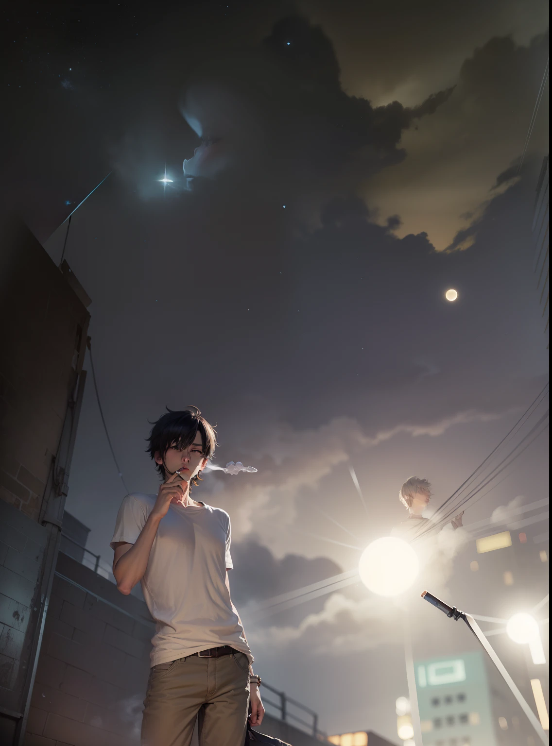skinny smoking character anime, dark night, moon and stars