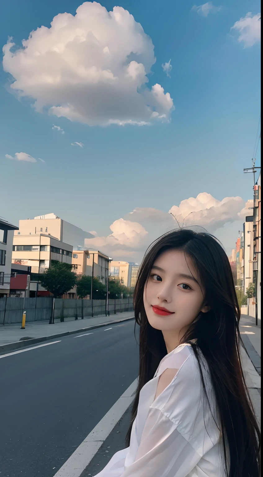 ((Best Quality, 8K, Masterpiece:1.3)), A beautiful girl, pure, melon face, gentle and cute, sweet smile, pure desire, thin figure, (frontal), (tilted head), looking directly at the camera, uniform, obi, formal, black silky long straight hair, long hair flowing over the shoulders, round black big eyes, clear big eyes, moist red lips, sweet, sitting on the side of the road, blue sky and white clouds, grass, buildings,