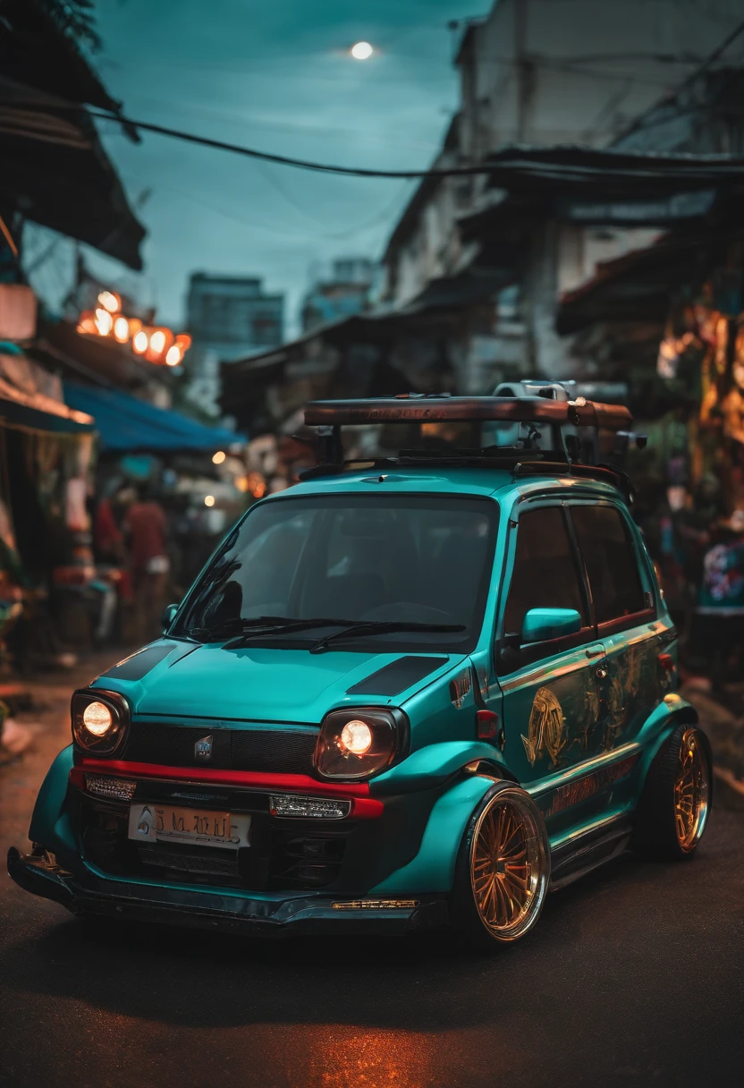 A modified Produa kancil car, cyberpunk technology, highly modified include weapon mount on car, dessert background,
