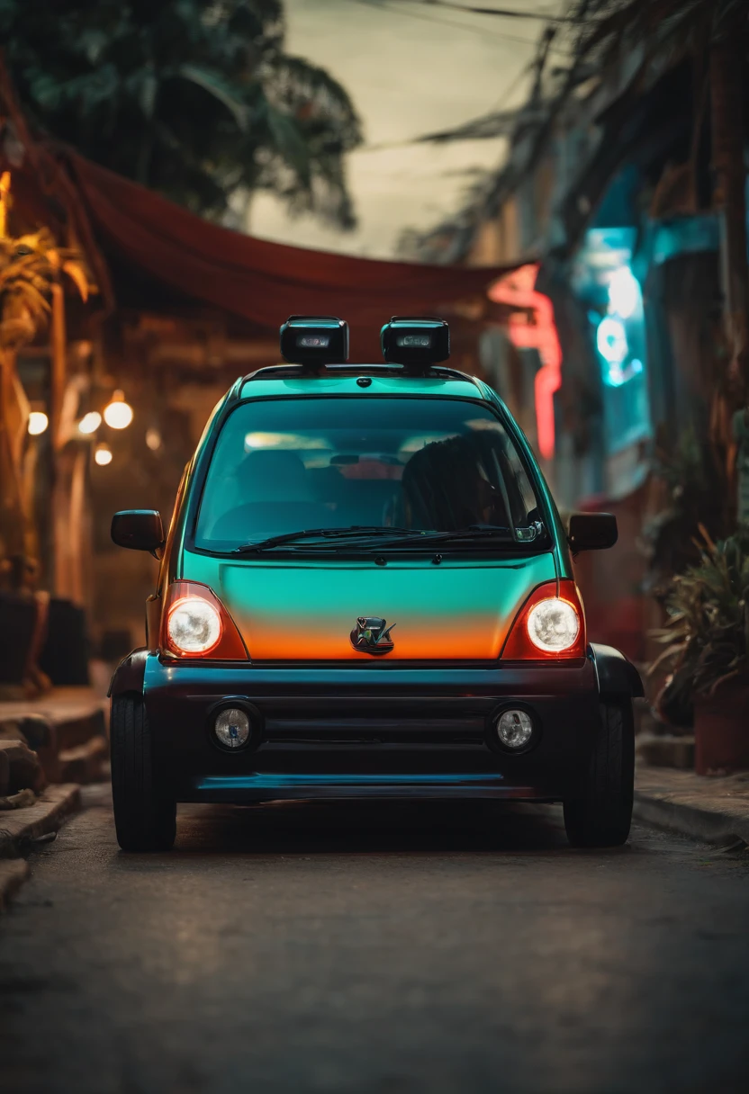 A modified Produa kancil car, cyberpunk technology, highly modified include weapon mount on car, dessert background,