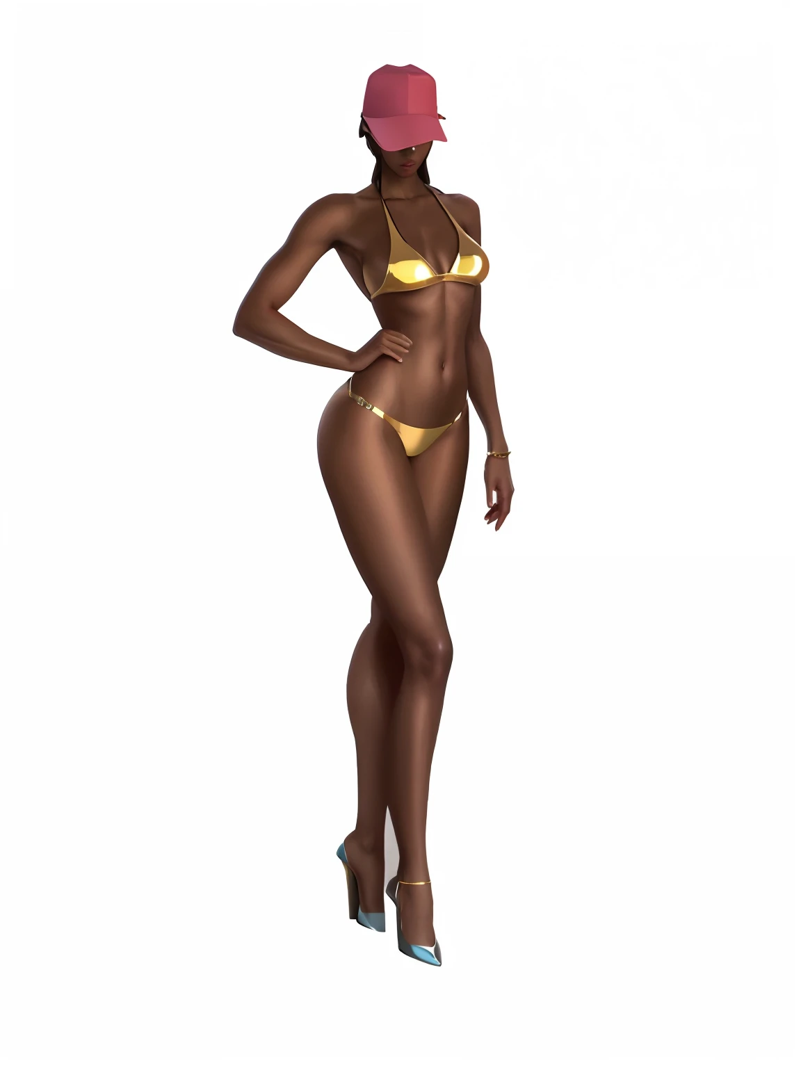 a close up of a woman in a bikini and a hat, figura magra feminina, Realistic bikini, modelo de corpo inteiro, full-body view, corpo inteiro feminino, slender symmetrical body, full body frontal view, forma detalhada do corpo, whole body view, full length illustration, imagem de corpo inteiro, figura feminina magra, bikini model, gold transparent bikini, corpo inteiro;