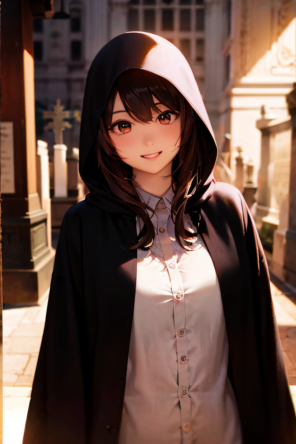 Cute hooded Grim Reaper shrouded in dark mist,Wielding a scythe,Emerge from the swirling shadows.Stand in the Cemetery of Forgotten Souls.(light brown and red striped hair,,,,,,,,,:1.3,),Perfect face,Proper body proportion,masutepiece,Super high-quality output images,超A high resolution,Intricate details,Extremely delicate and beautiful,photographrealistic,Dreamy,Professional Lighting,realistic shadow,Solo Focus,Beautiful hands,Beautiful fingers,Beautiful breast slip、Detailed red mouth、Detailed red cheeks、Smile of shame、