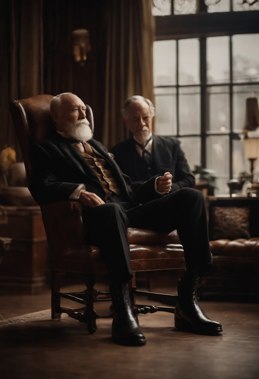 Old gentleman with a goatee,sit on chair,Eyes look at boots,Black high-gloss rain boots, 8K分辨率,Wallpaper masterpiece,Best quality,Highly meticulous,Ultra high quality,The midday sun is a bit dazzling。
