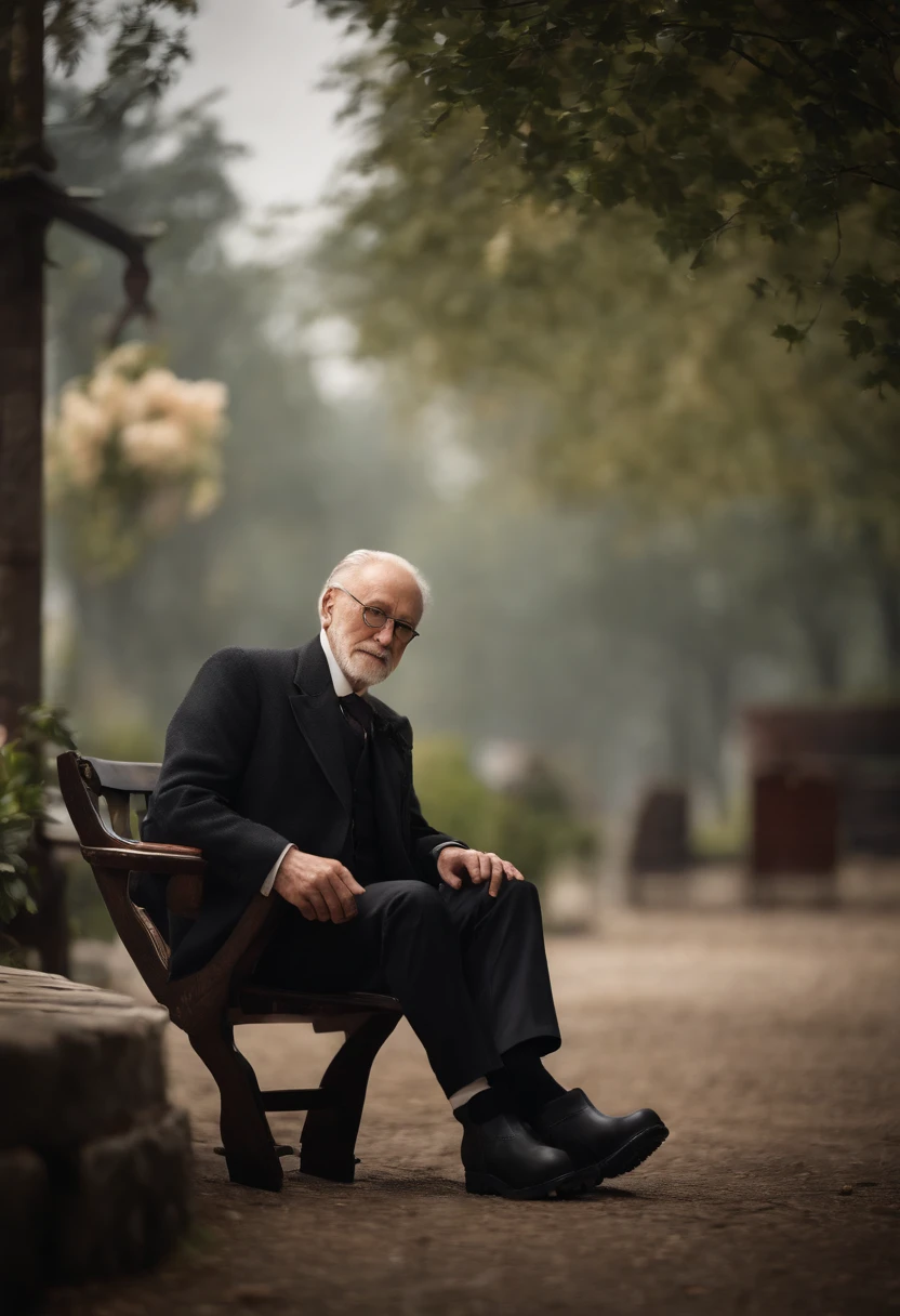 Old gentleman with a goatee，sit on chair，Eyes look at boots，Black high-gloss rain boots, 8K分辨率,Wallpaper masterpiece，Best quality，Highly meticulous，Ultra high quality，The midday sun is a bit dazzling。