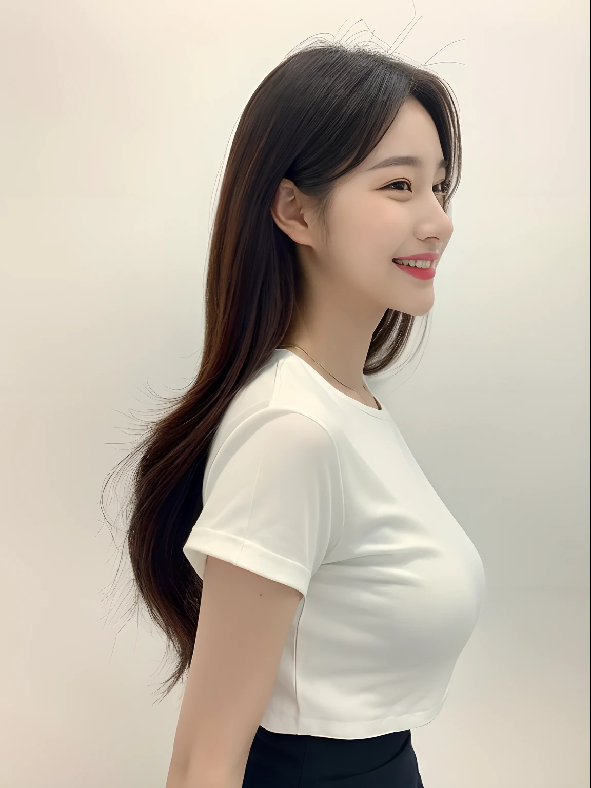 Best quality at best, ​masterpiece, 1Girl, beautifull face, (Photo Photorealistic:1.3), rim lighting, (High-detail skins:1.2), 8K UHD, DSLR, highs quality, high resolucion, 8K, Bokeh, absurderes, Best Ratio Four Fingers and One Thumb, (realisitic: 1.3), cute 1girl, white tea, mediuml breasts, short skirts, ((White background)), ((profile photo)), Smiling faces, Korean Idol Makeover