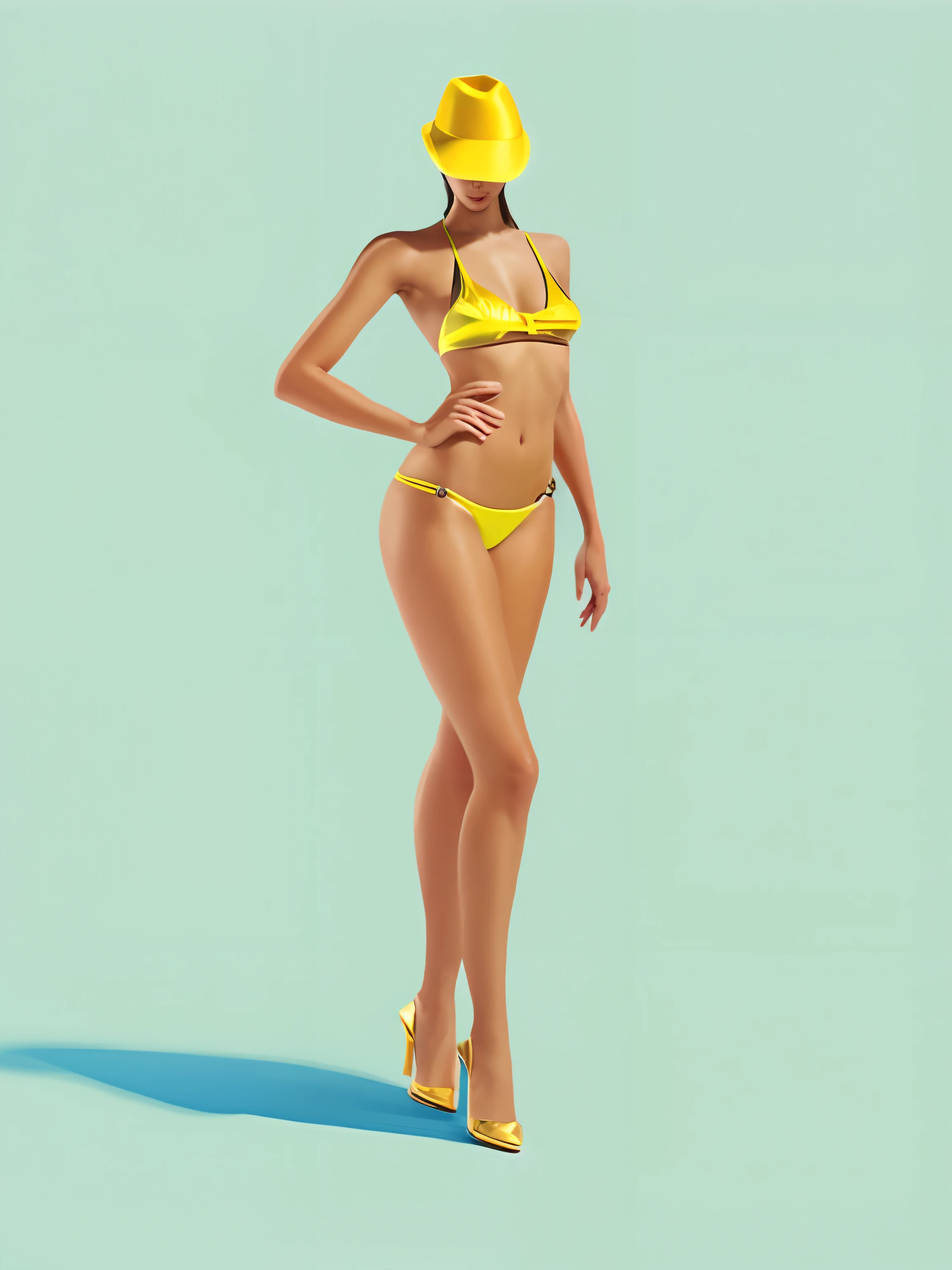 a close up of a woman in a bikini and a hat, figura magra feminina, Realistic bikini, modelo de corpo inteiro, full-body view, corpo inteiro feminino, slender symmetrical body, full body frontal view, forma detalhada do corpo, whole body view, full length illustration, imagem de corpo inteiro, figura feminina magra, bikini model, gold transparent bikini, corpo inteiro;