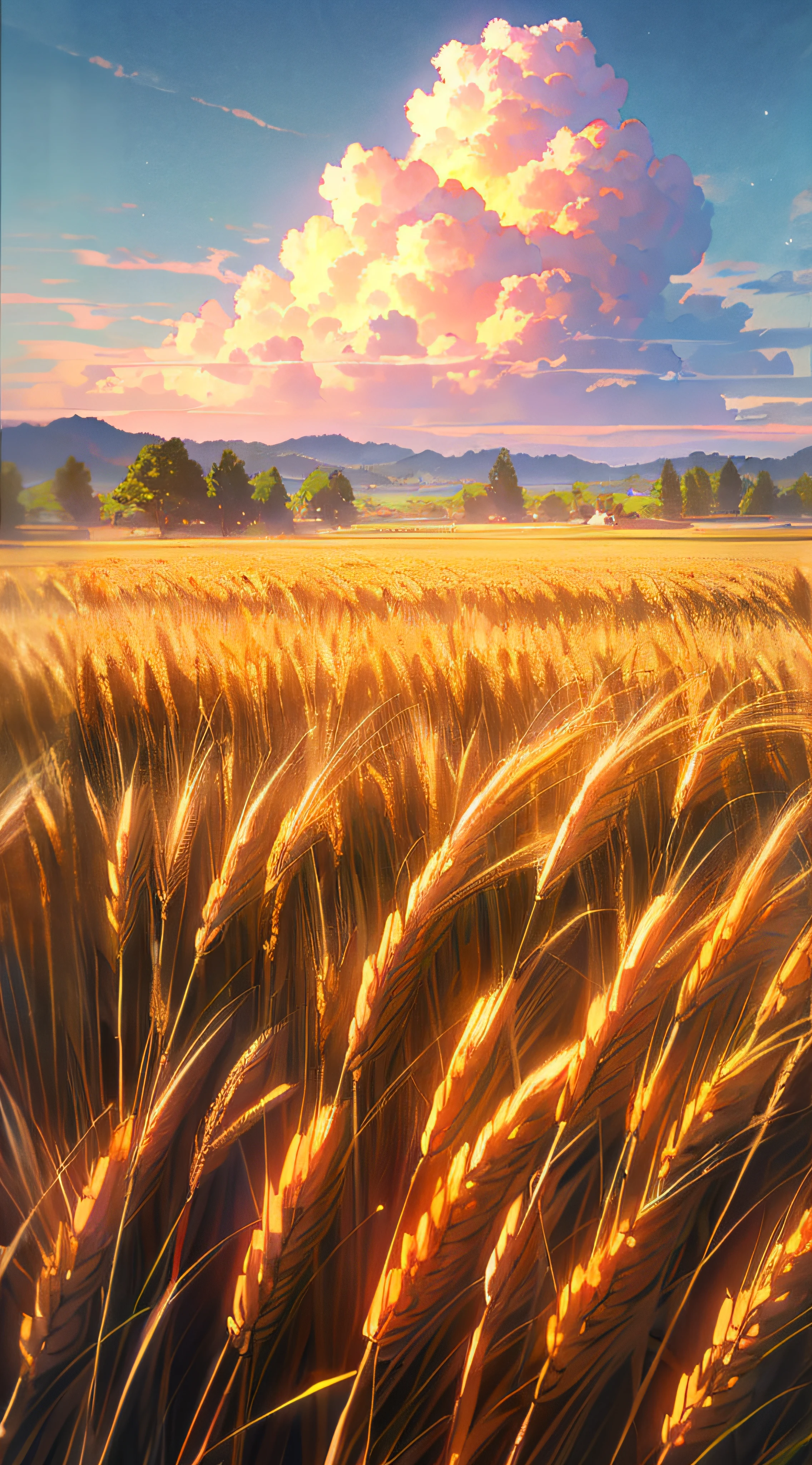 Asian people，Uncle farmer in straw hat standing in a wheat field smiling，Large clouds、blue-sky、Rice fields，There are neat rice seedlings in the field，ln the forest，hillside，Quiet，Rustic，high definition detail、Hyper-detailing、cinematic ligh、ultra-realistic realism、Soft light、Deep field focus bokeh、Ray tracing and surrealism。 --v6