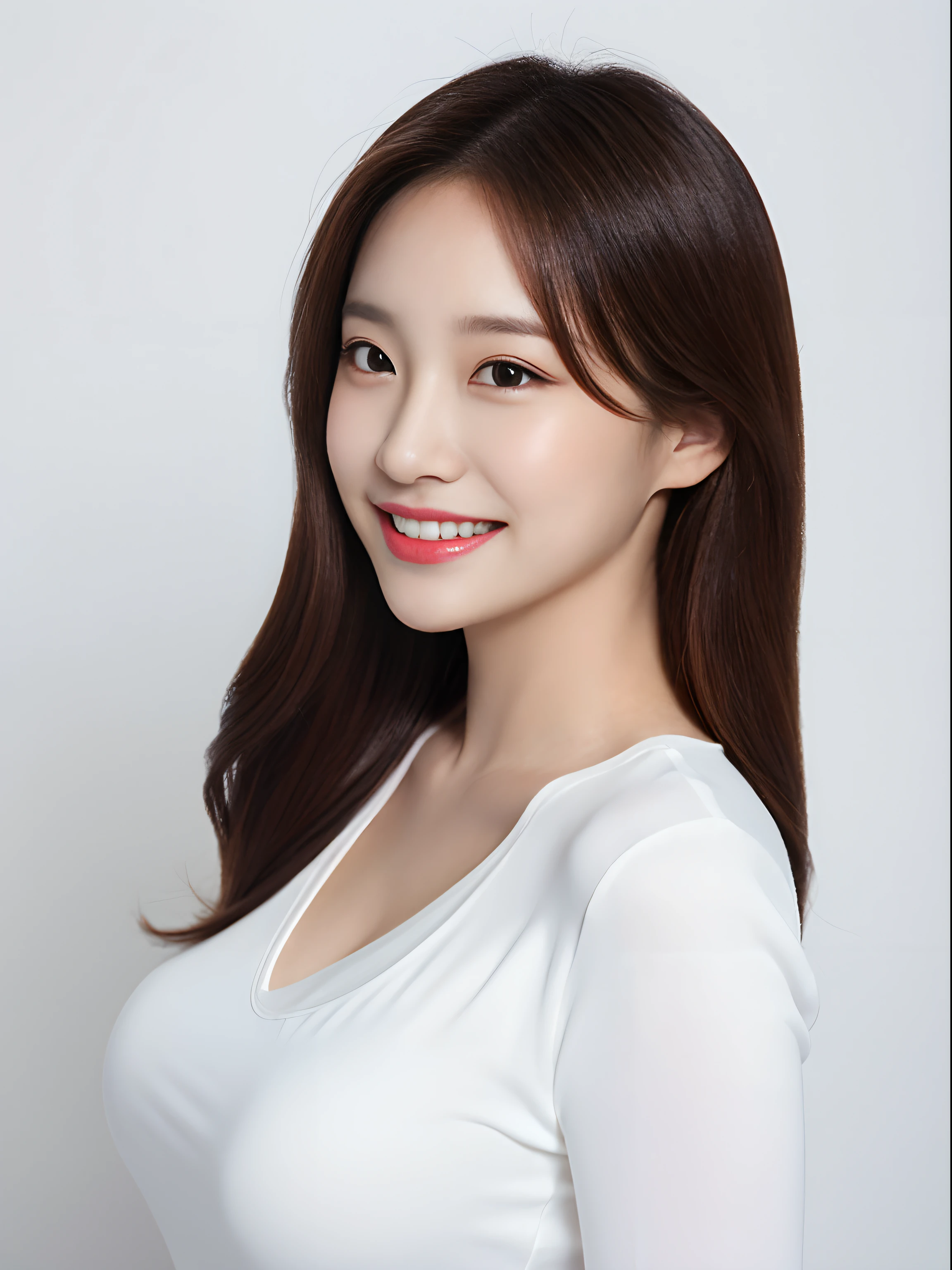 Best quality at best, masterpiece, 1Girl, beautifull face, (Photo Photorealistic:1.3), rim lighting, (High-detail skins:1.2), 8K UHD, DSLR, highs quality, high resolucion, 8K, Bokeh, absurderes, Best Ratio Four Fingers and One Thumb, (realisitic: 1.3), cute 1girl, white tea, mediuml breasts, short skirts, ((White background)), ((profile photo)), Smiling faces, Korean Idol Makeover