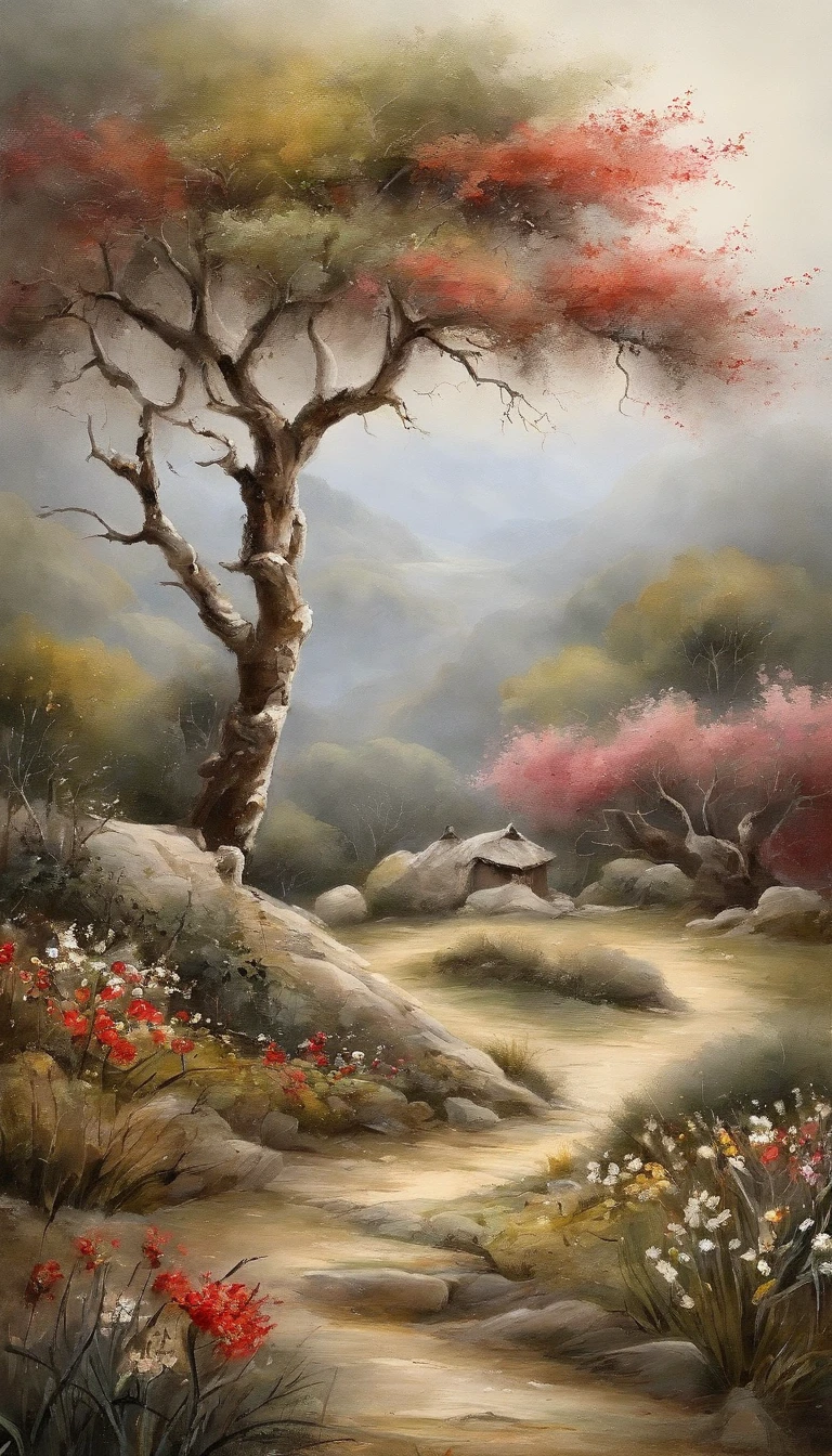 Campo com flores lindas(clivagem em close-up),meditar,Zazen,Um meditativo(Pintura de paisagem chinesa),(pintura a tinta e aquarela),(Papel de parede 8k),(Efeito de Luz e Sombra),rendering by octane,White balance design,Extremely detailed image representation,Wide angles,profundidade de campos,tmasterpiece,realista,lindamente retratado,um detalhado,acurate,Obras de mestres,tmasterpiece