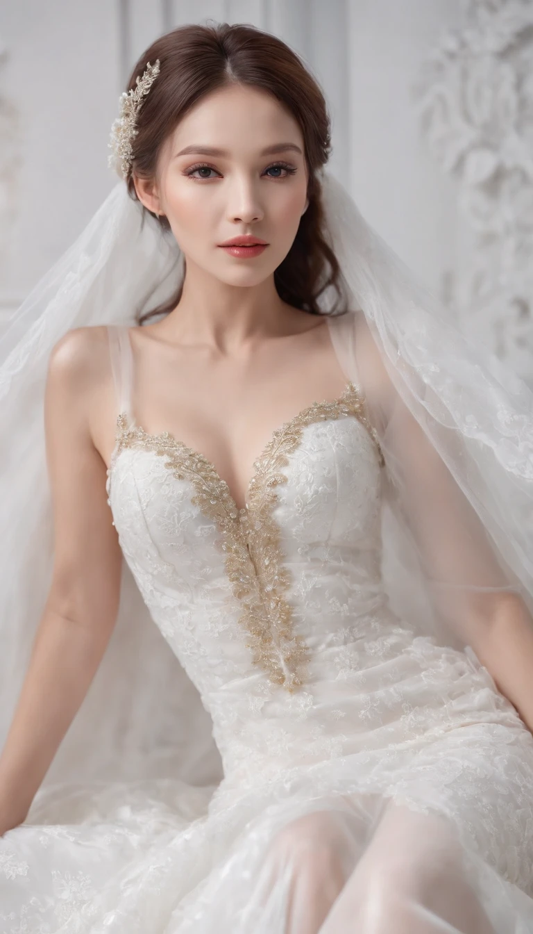 (professional 3d render:1.3) af (Realistic:1.3) most beautiful artwork photo in the world，tmasterpiece，best qualtiy，Private room photos，Star Girl，wedding photo，No chest baring，Breasts become enlarged，Shoulders exposed，No navel，show legs，black lence stockings，White heels，Horsetail hair，Black color hair，Seductive expressions，White wedding dress，Lace craftsmanship，Dignified temperament，still face，Private photos，Angel wings，Angel face，necklace gold，White jade bracelet，Silver-toned stud earrings，White cape,upper body