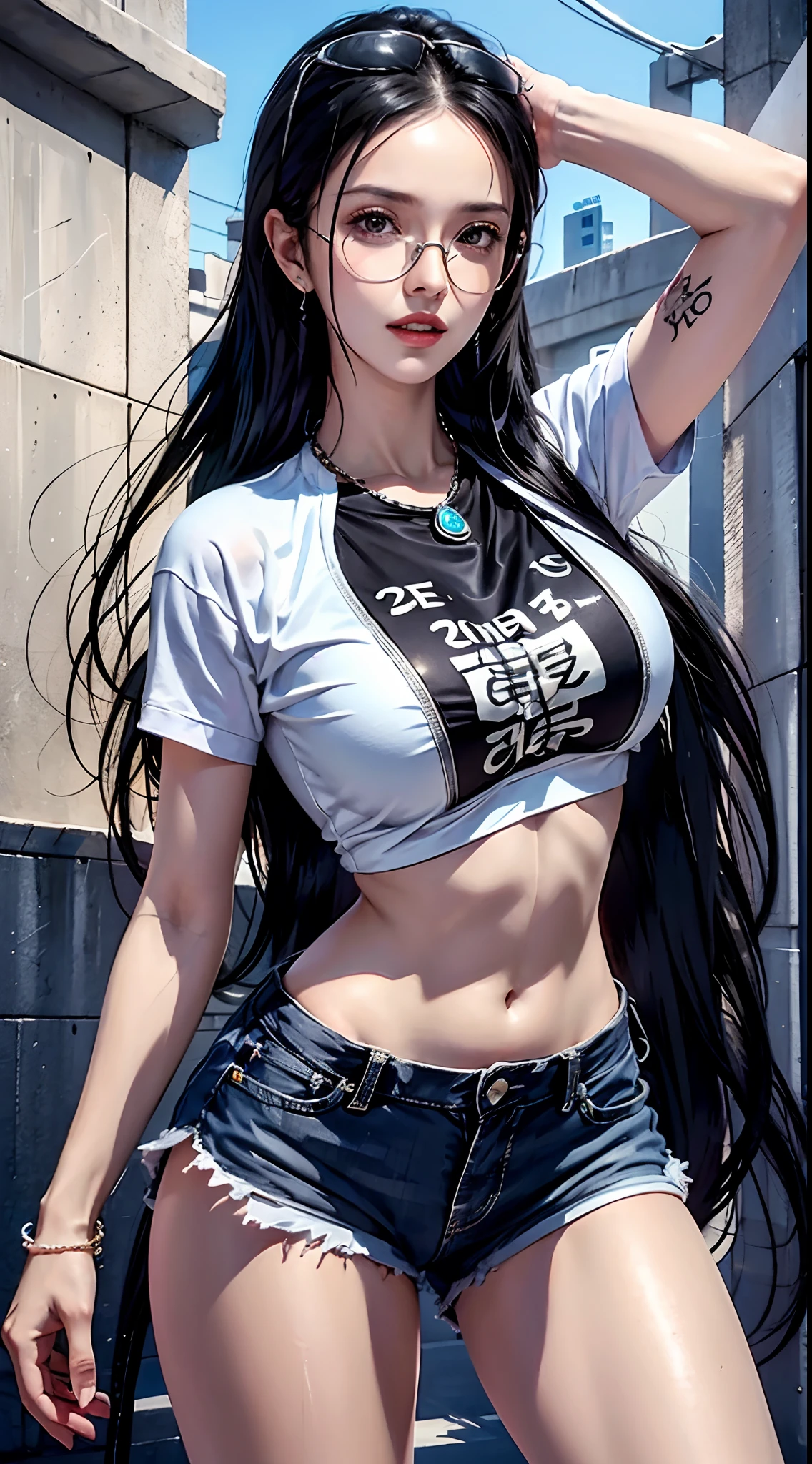 photorealistic, high resolution, soft light, 1women, solo, hips up, dynamic pose, shining skin, jewelry, tattoo, thigh,black hair,long hair,ear pendants,pearls and jewels, EdobNicoRobin, street wear, glasses on head, t-shirt, shorts