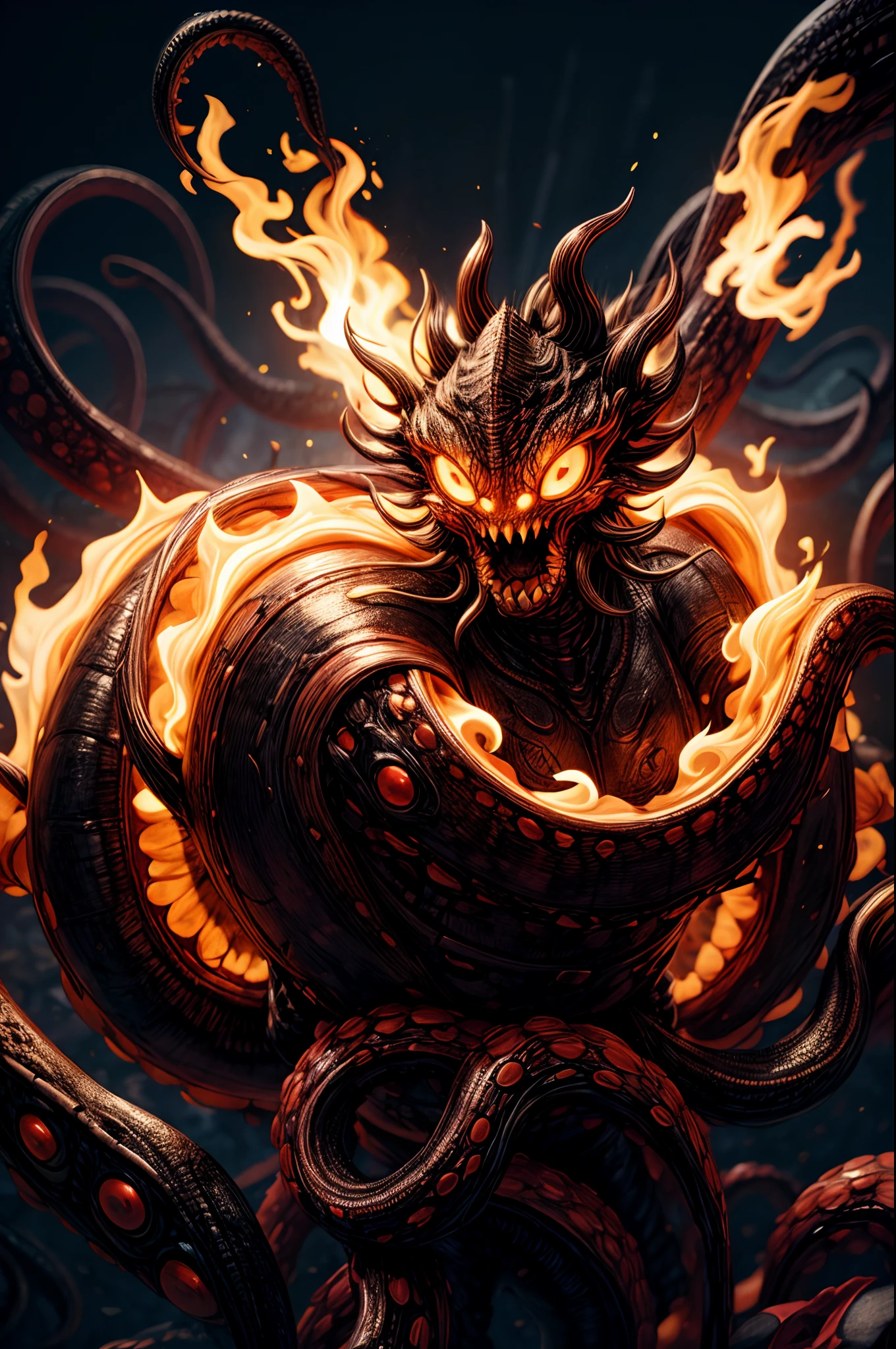monster with 10 eyes, 3 mouths and 100 teeth, 5 tentacles and fire background