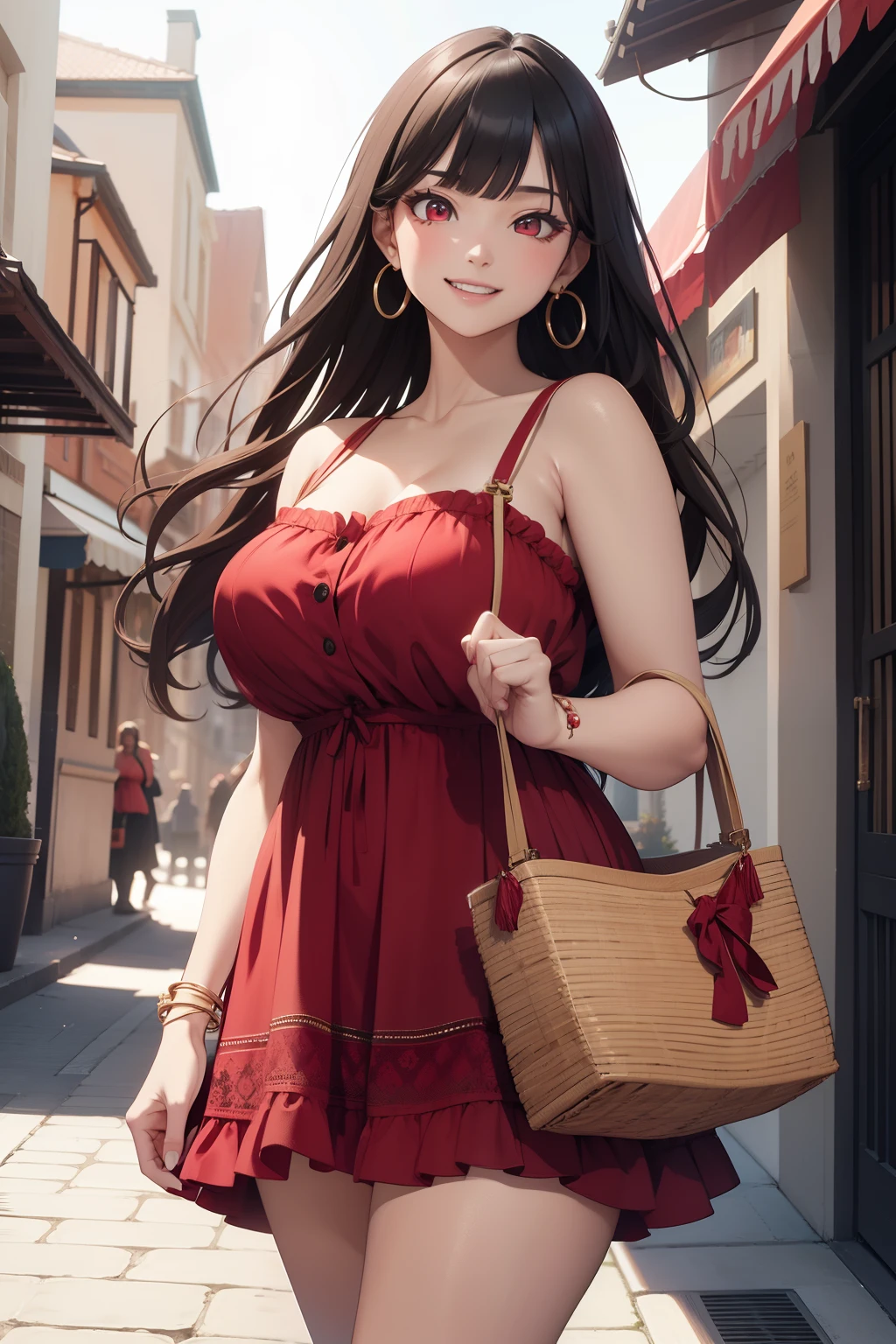 (masterpiece, best quality, ultra-detailed, 8k, wallpaper, photorealistic), (wide shot), beautiful girl, voluptuous body, perfect hands, (hmjy1), long hair, (blunt bangs), red eyes, psycho smile, excited smile, open mouth, erotic face, red face, bloodthirsty smile, (wear Flowy Sundress), Strappy Sandals, Sunglasses, Straw Tote Bag, Statement Earrings