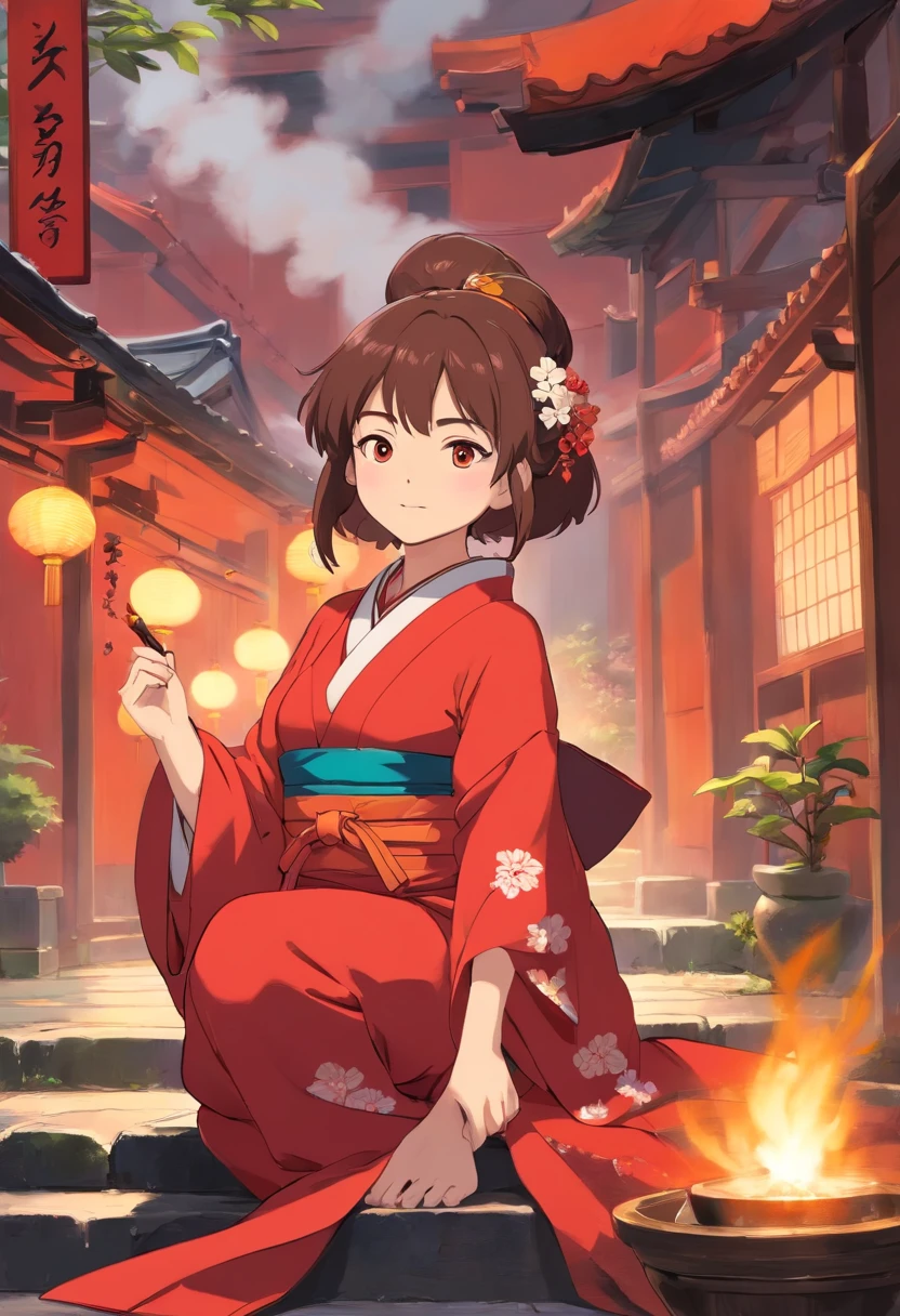 花魁、kimono、Turn around、the whole、full bodyesbian、Overall view、Gorgeous red kimono、Sister sitting、Beckoning、Smoke pipes