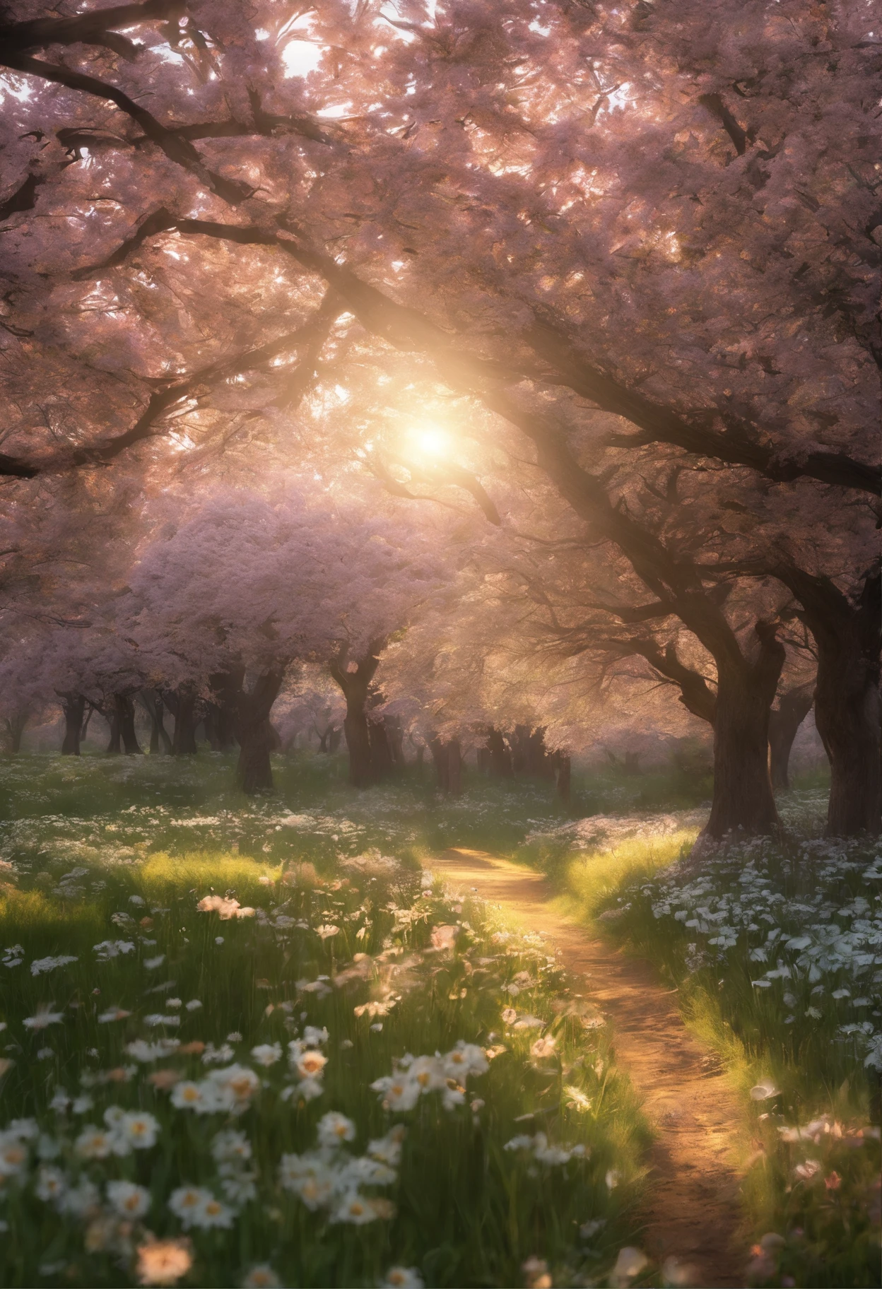 Crie uma paisagem realista de um campo de flores lindas com o sol radiante